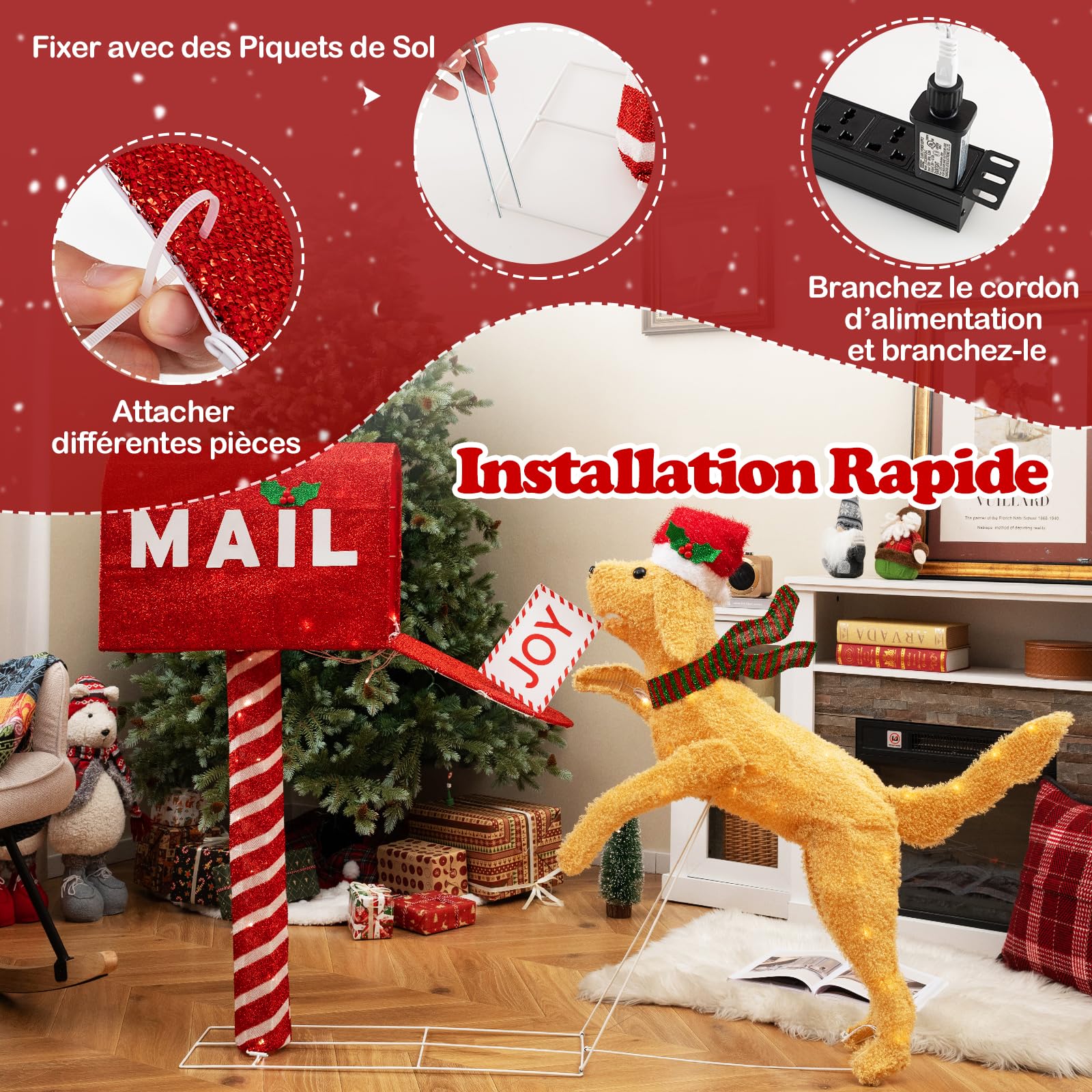 COSTWAY Boîte aux Lettres de Noël et Chien de 108 CM, Décoration de Noël Illuminée avec 120 LED Blanc Chaud, Résistante aux Intempéries avec Attaches et Piquets pour Extérieur