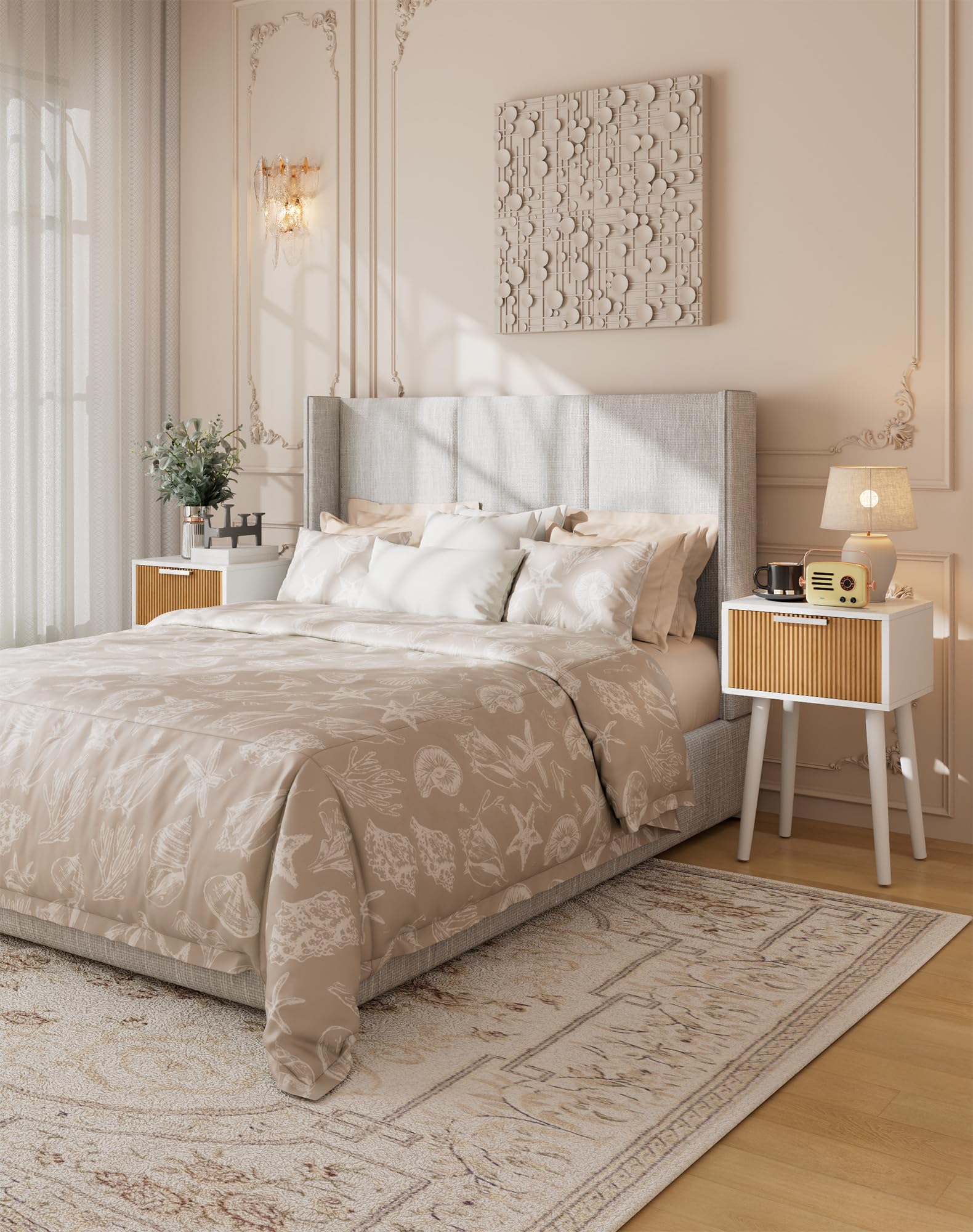 YMYNY Set di 2 Comodini, Tavolino in Legno, Cassetti decorati in ondulata, Maniglia magnetica, Gambe di legno massiccio, Catena di fissaggio, per Camera da Letto, Bianco e Naturel HST014WN-2