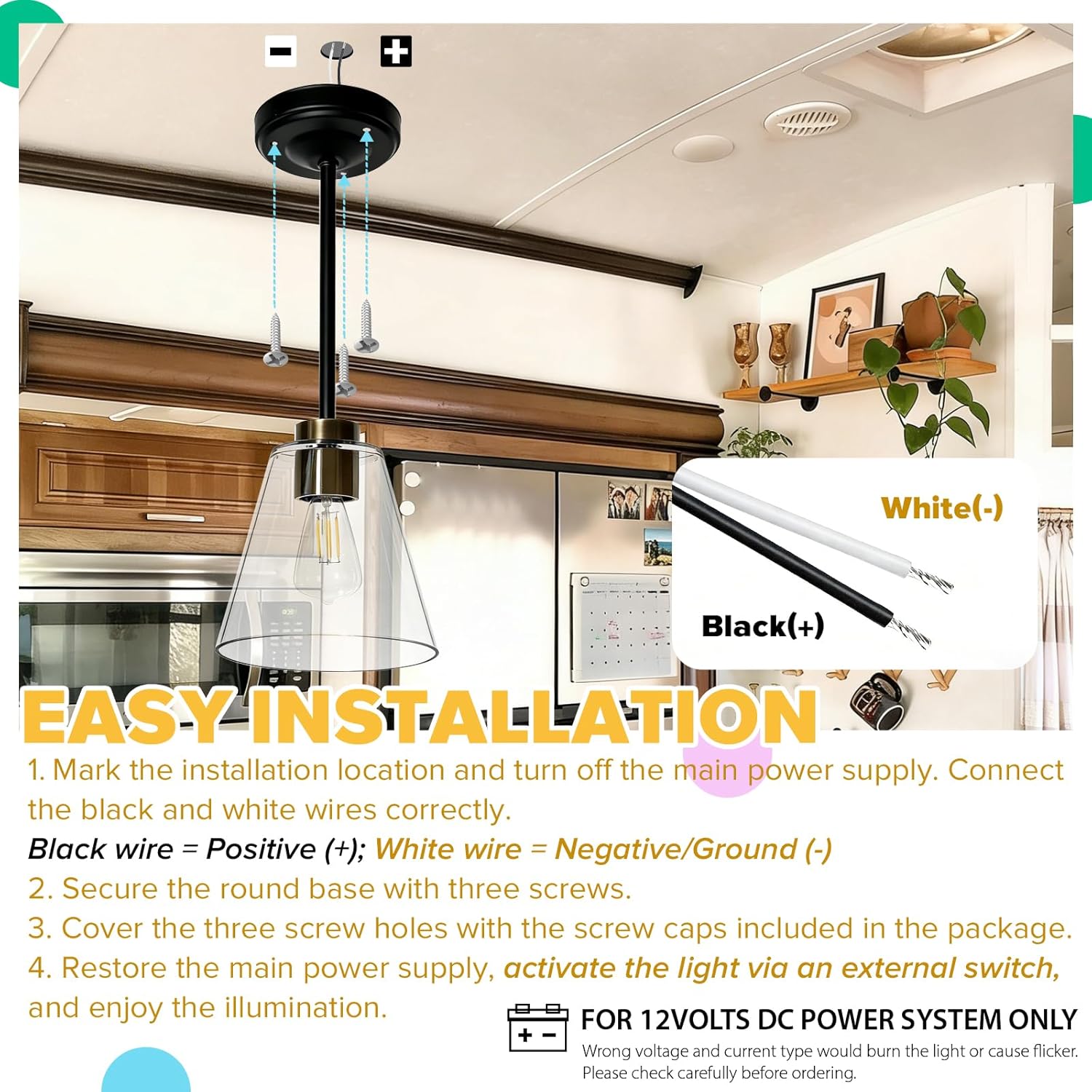 RV Pendant Lights Interior 12v RV Light Fixtures with LED Replace Bulb for Camper 5th Wheel Motorhome RVs Hanging Lights 3W 3500K 12 Volt Kitchen Island Light Surface Mount No Switch 15 Inch, 2-Pack