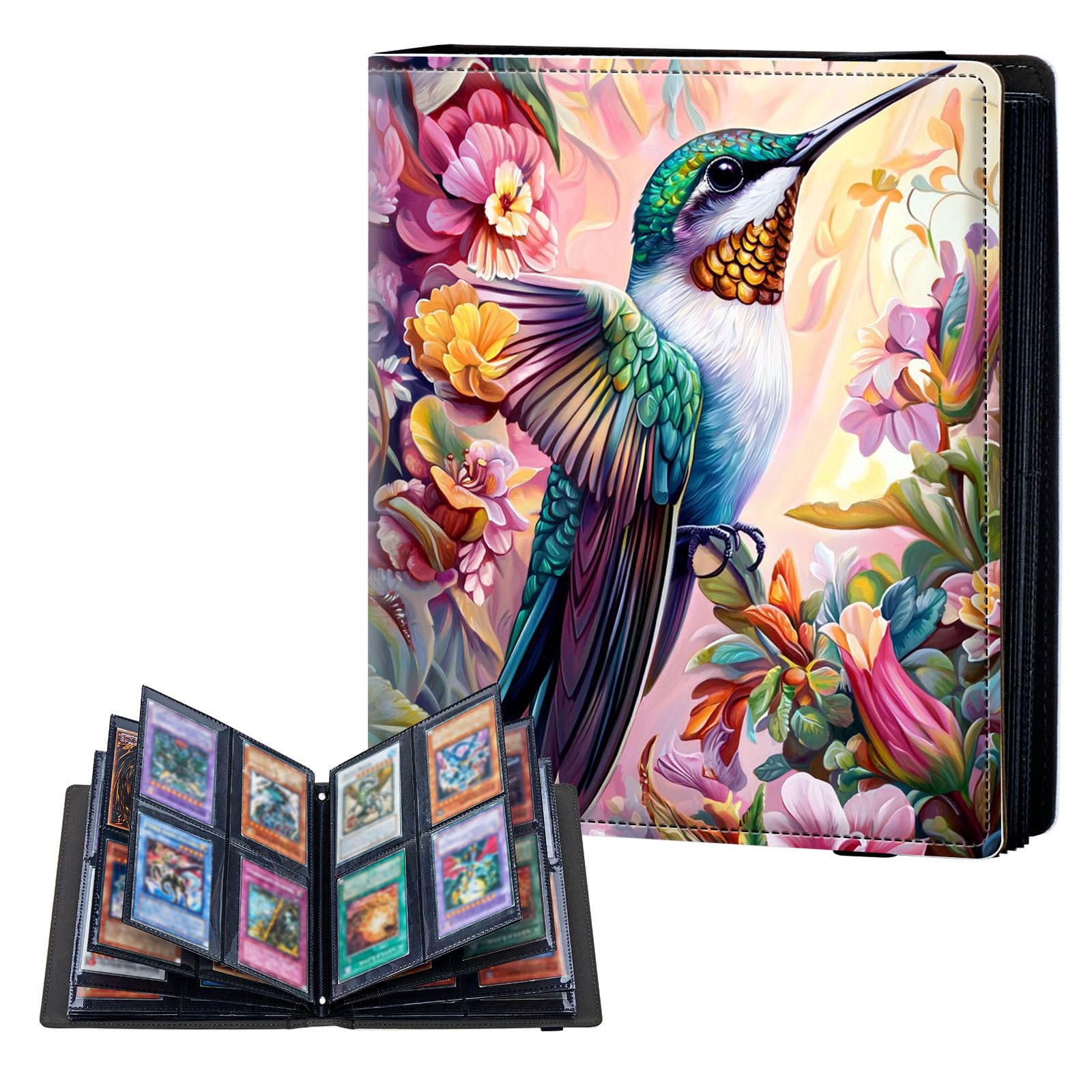 ETLKJVBL 4 Pocket Trading Card Binder, Card Collection Binder for TCG, MTG, Sports Cards, Baseball, Hummingbird Flowers Trading Card Book Holder for Collectors, Top Loader Binder