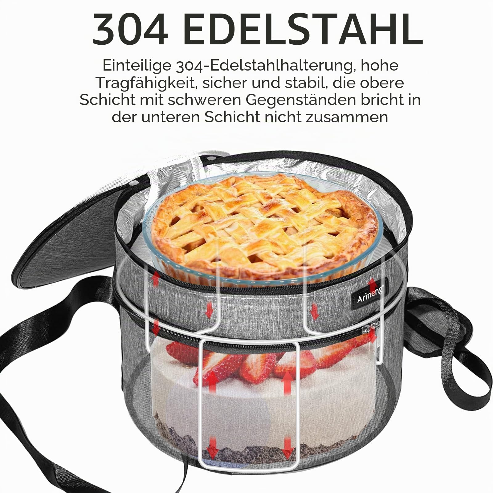 Kuchenträger Hartseitiges Design, Isoliertasche für Aufläufe, runder isolierter Kühler, Kuchenblech mit Deckel und Griff für heiße und kalte Speisen, Auflaufformen (Grau)