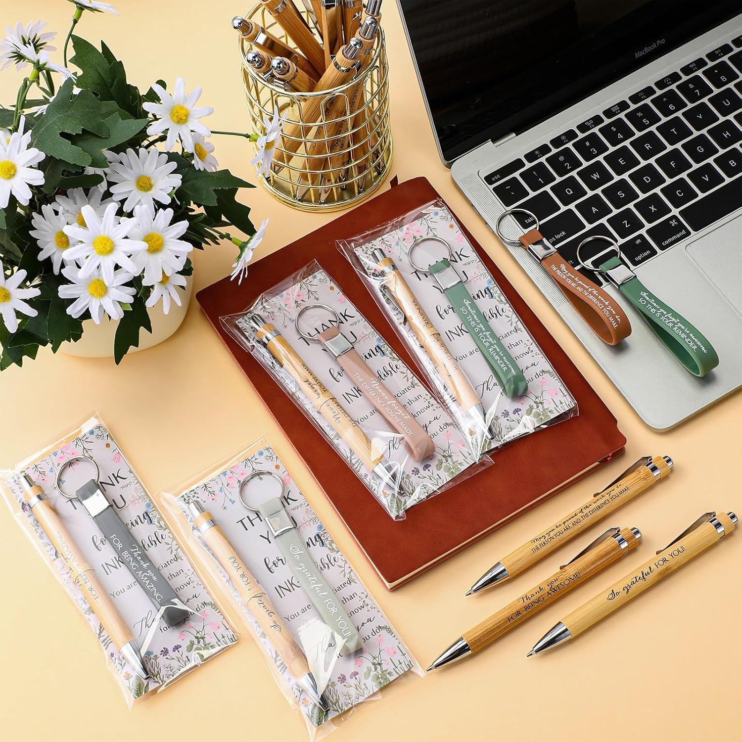 Geyoga 30 Sets Employee Appreciation Gifts Bulk Inspirational Bamboo Pen Silicone Keychain with Card for Women Coworker Office Gifts