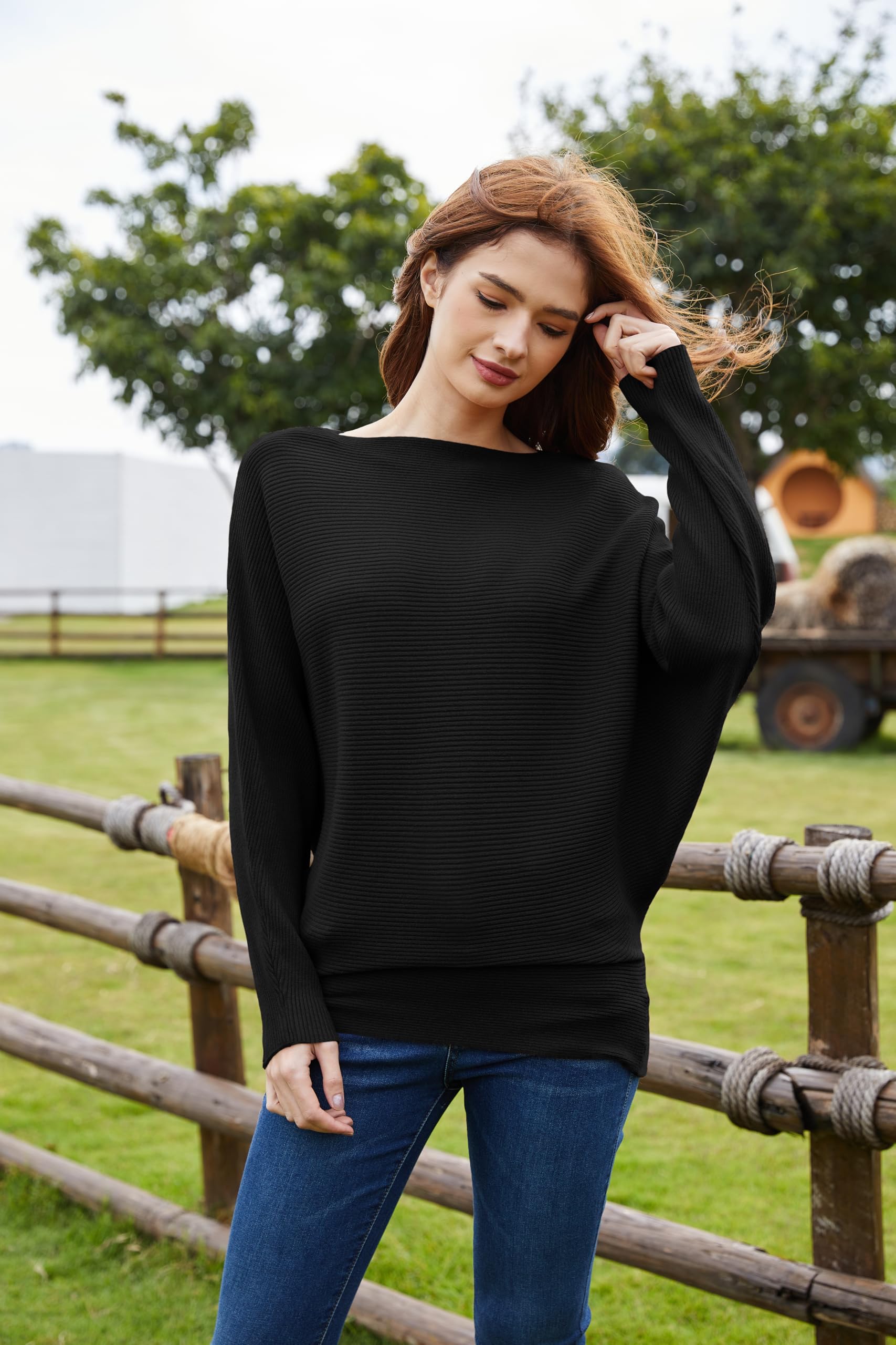 Cegerne Damen Pullover Fledermausärmel Elegant Oversize Pulli Langarm Sweatshirt Strickpullover Batwing Knitted Sweater Oberteil