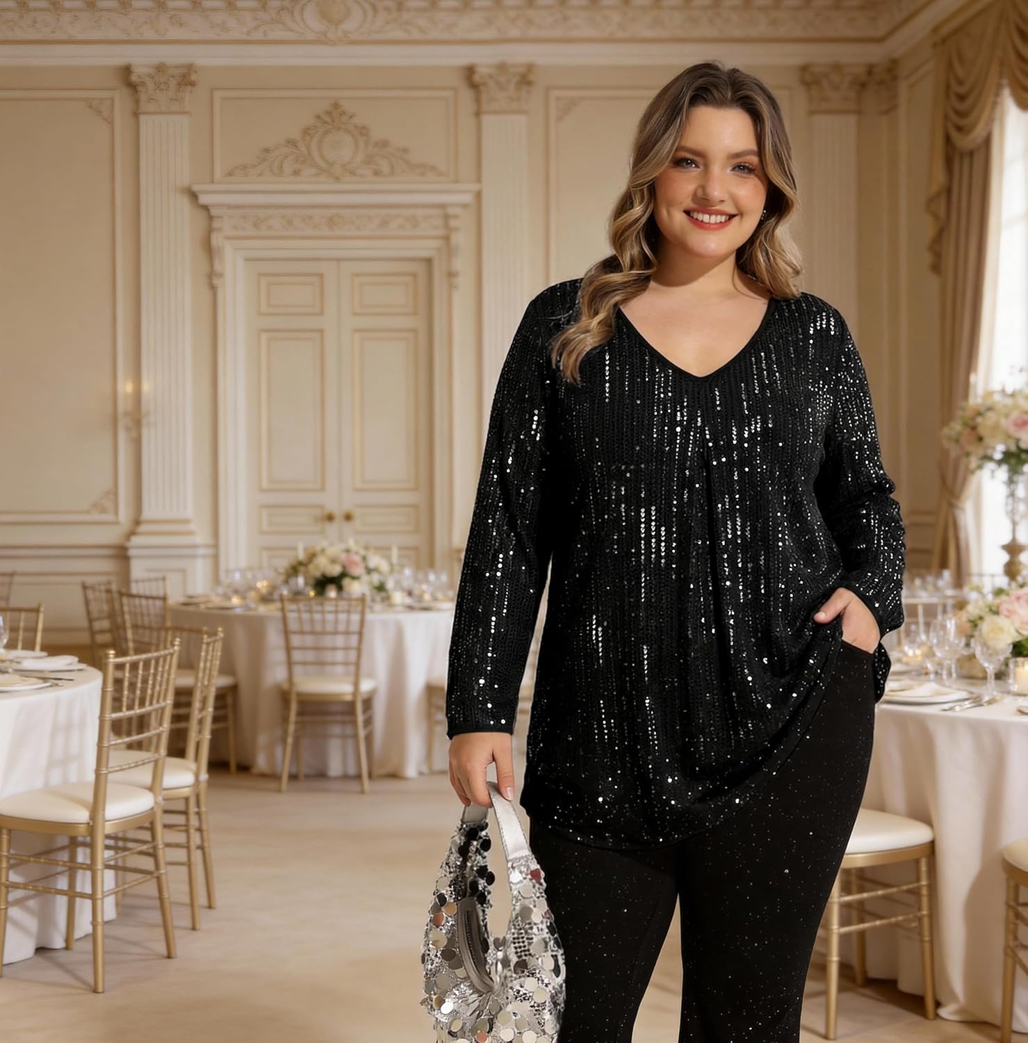 TIYOMI Plus Size Tops for Women Long Sleeve Sequins Party Tunic V Neck Casual Shirt Pleated Front Blouse Spring Winter XL-5XL - Image 2