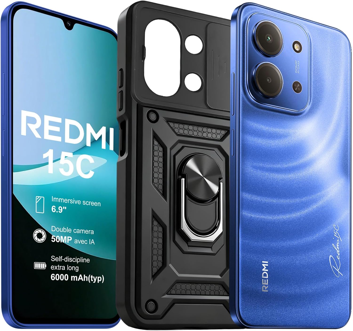 XIAOMI Redmi 15C Smartphone 2025, 4 Go de RAM 256 Go de ROM, triple caméra arrière 50 MP avec IA, écran 6,9 pouces, batterie 6000 mAh, écran Eye Care 120 Hz, (chargeur non inclus) (Bleu)