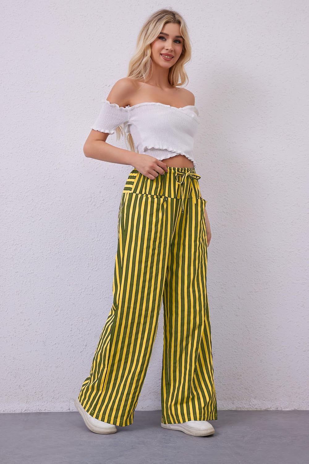 MISSACTIVER Women Drawstring Striped Pants Loose Wide Leg Trousers Casual Low Waist Pants Comfy Lounge Pants with Pockets - Image 2