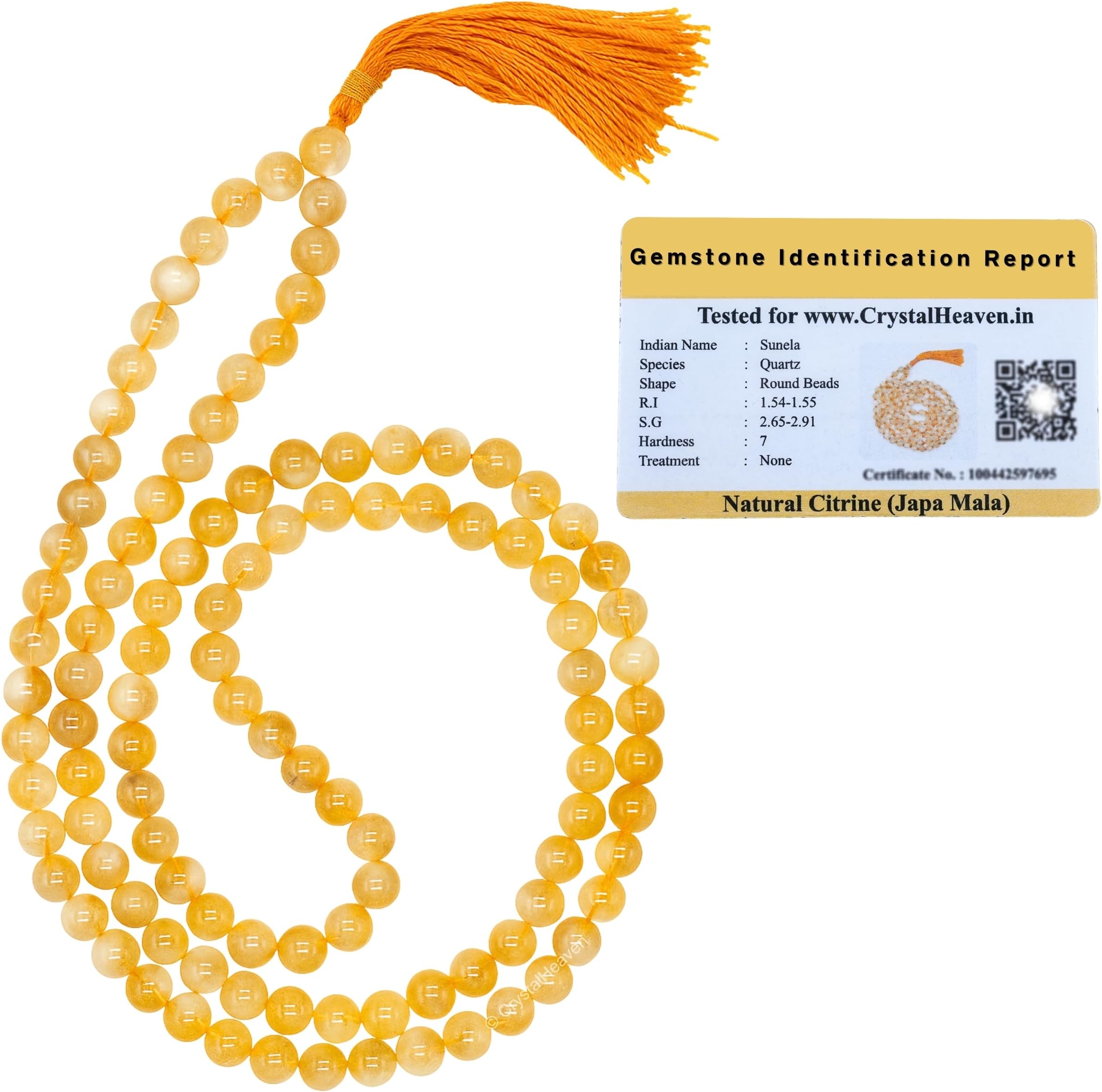 Certified Citrine Crystal Japa Mala Saadi - 108 Beads Buddhist Prayer Beads - AAA Grade Original Healing Gemstone Agate Mala for Yoga Meditation Spiritual Reiki Feng Shui