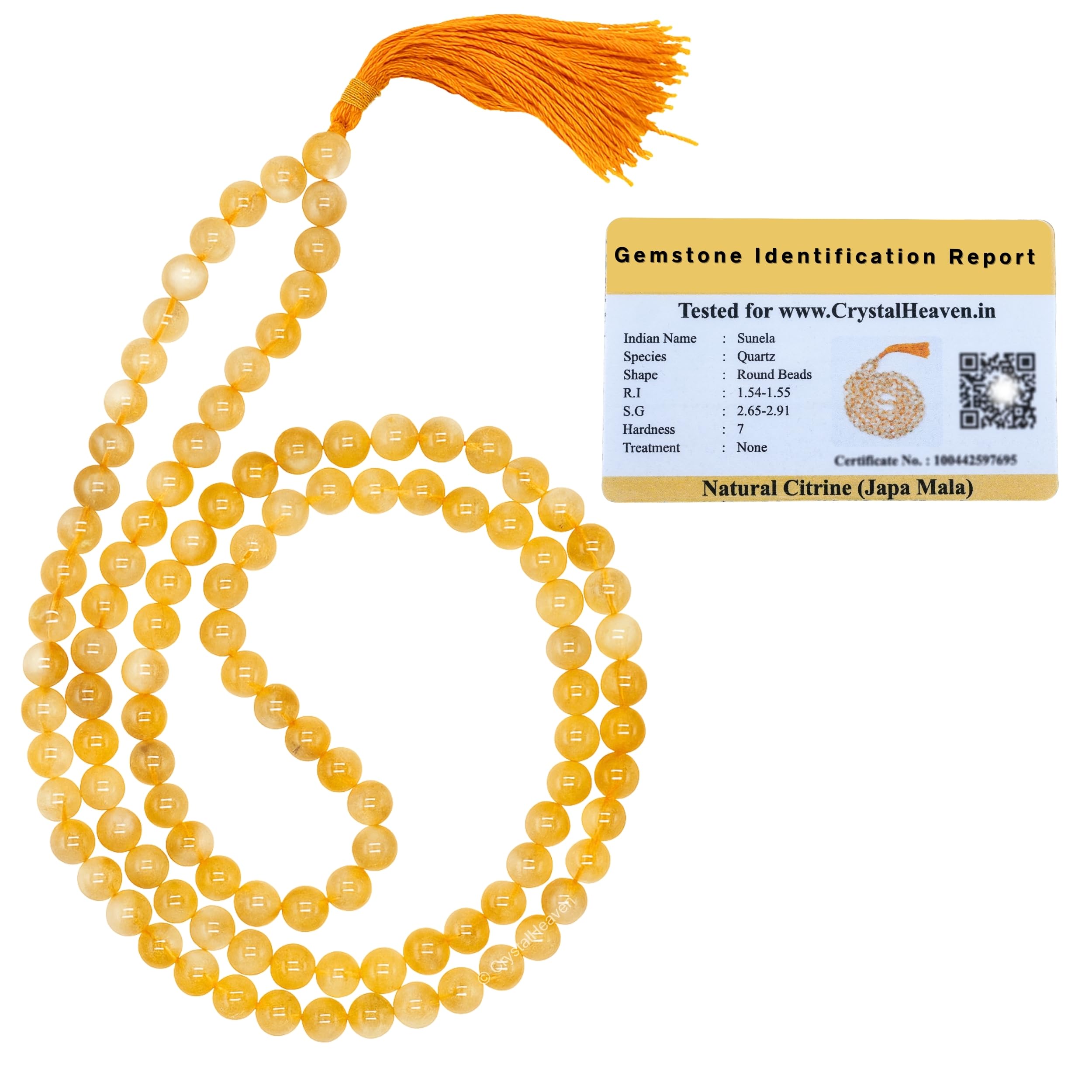 Certified Citrine Crystal Japa Mala Saadi - 108 Beads Buddhist Prayer Beads - AAA Grade Original Healing Gemstone Agate Mala for Yoga Meditation Spiritual Reiki Feng Shui