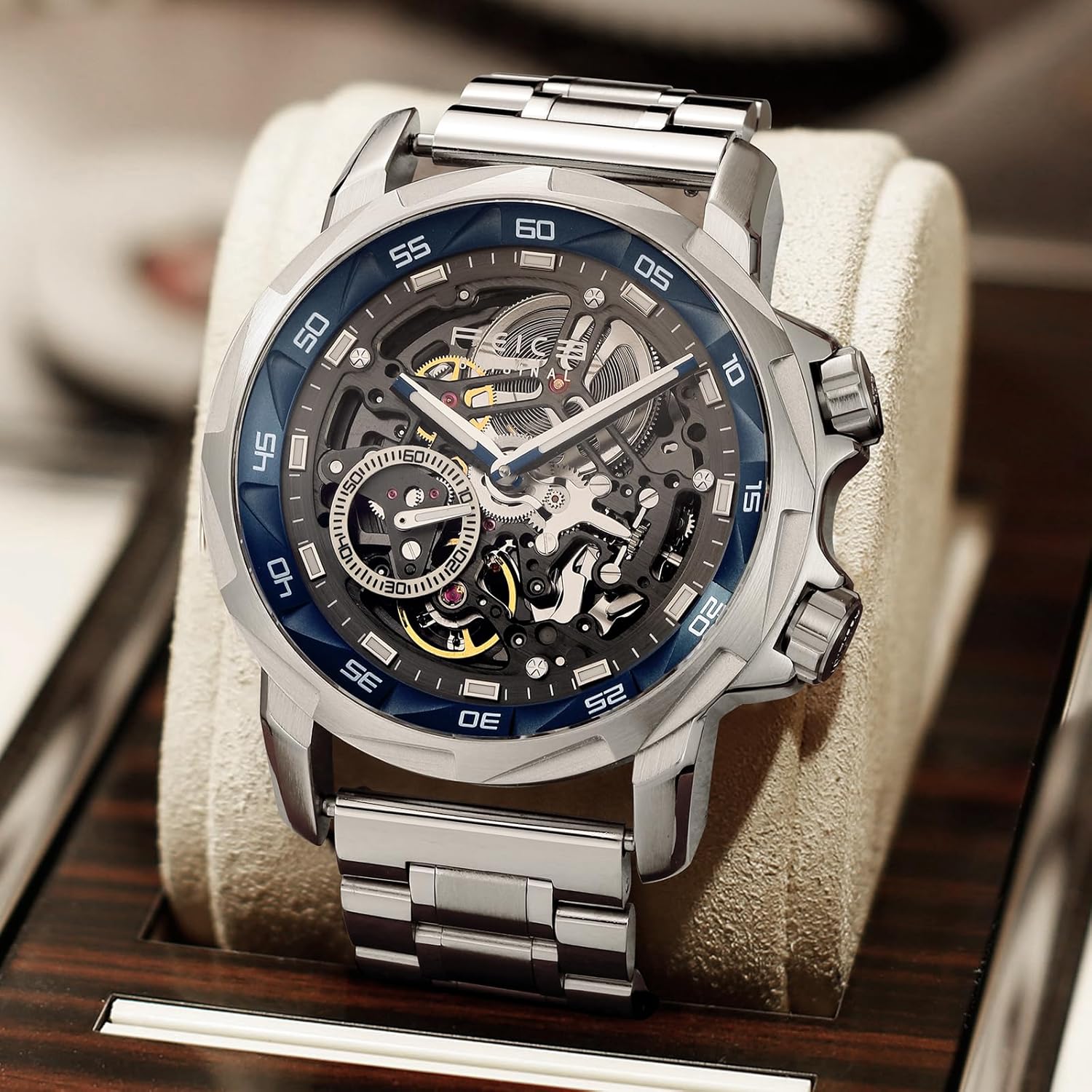 FEICE FM511 Men's Automatic Skeleton Watch, Luxury Sapphire Crystal Glass Blue Dial Luminous Hands, 5ATM Waterproof Sport Wristwatch with Silicone Strap for Men, Casual Mechanical Watches for Men.