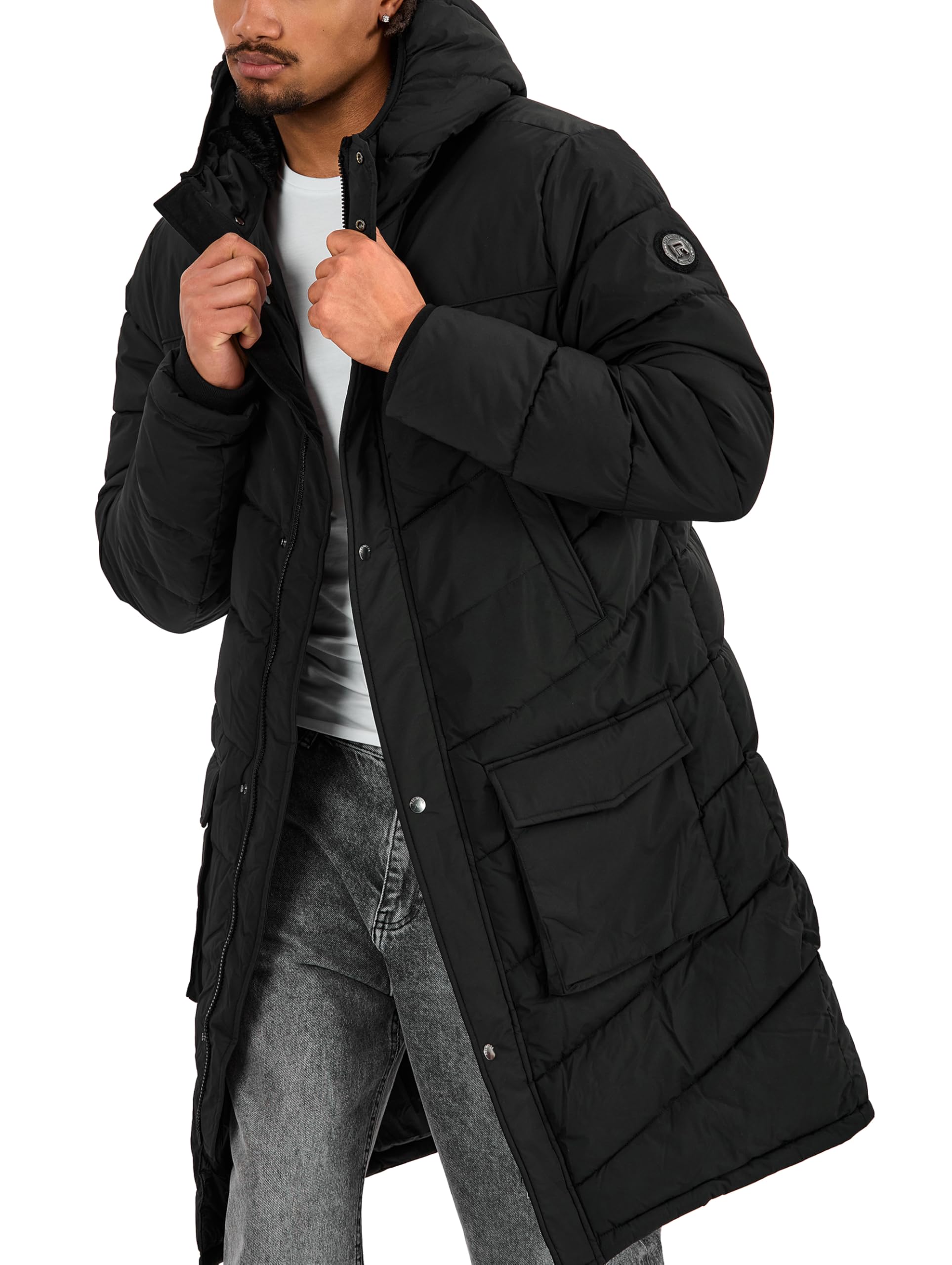 Redbridge Giacca trapuntata lunga con cappuccio e tasche applicate, giacca invernale calda con bottoni a pressione e chiusura lampo, vestibilità regolare
