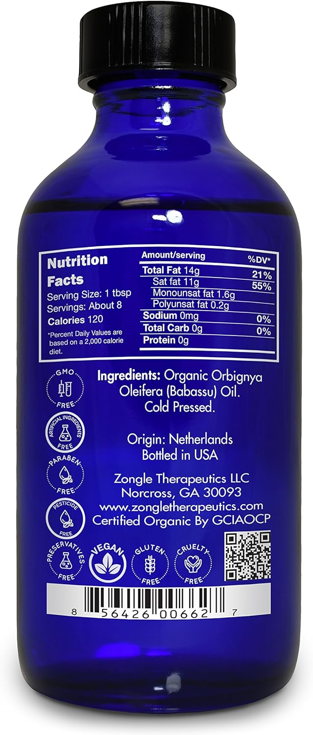 Zongle USDA Certified Organic Babassu Oil, Safe to Ingest, Cold Pressed, Orbignya Oleifera, 4 oz