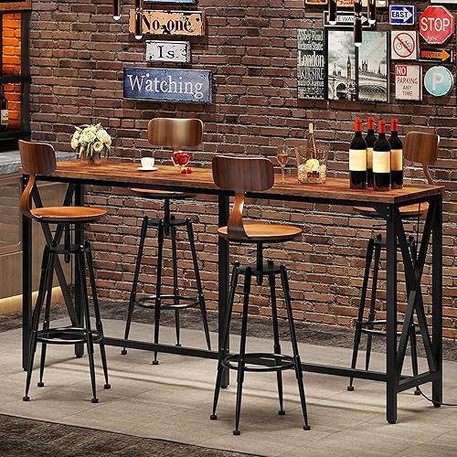 Miniatura 12 de 55'' Bar Table, Kitchen Dining Table with Power Outlet and Footrest, Industrial Style, for Pub, Living Room, Rustic Brown and Black TBT09UBB