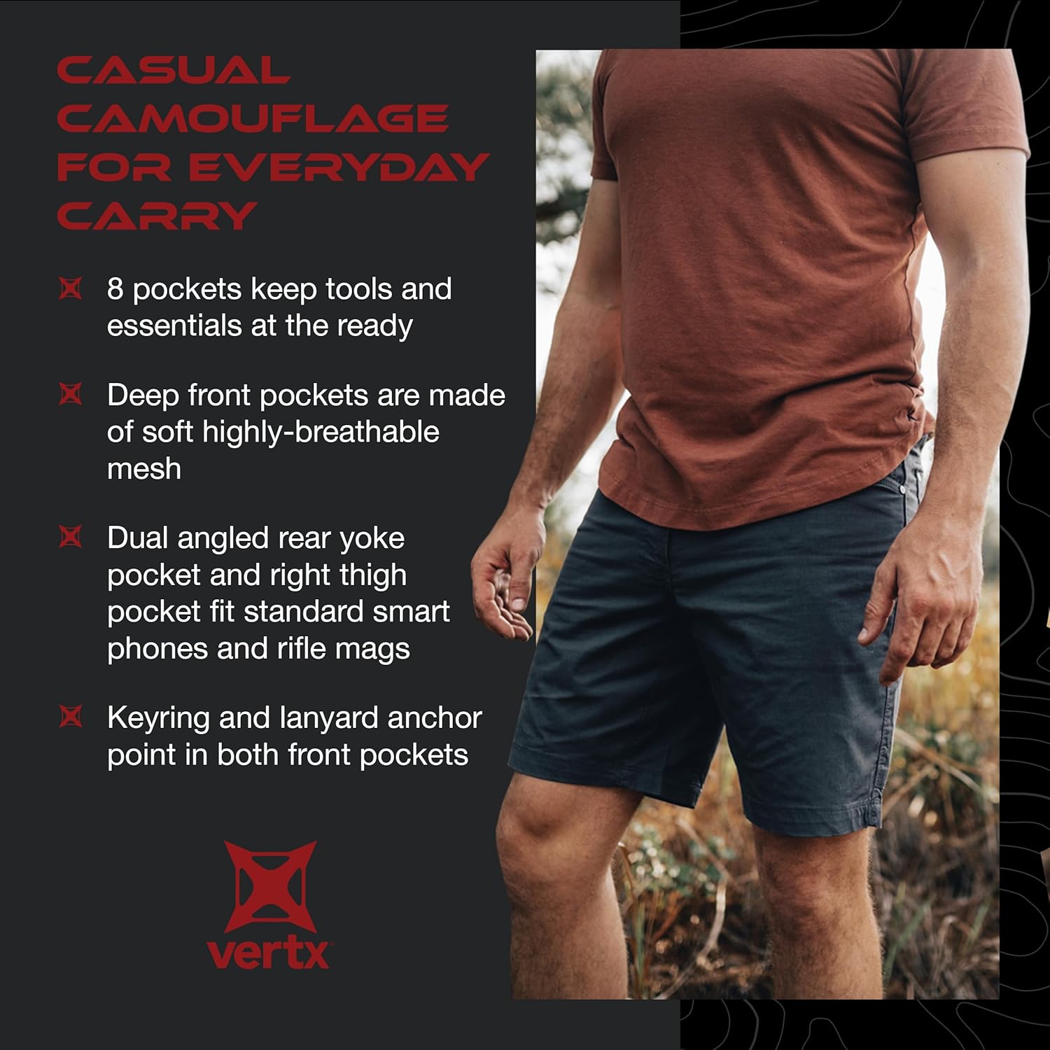 Vertx Cutback Mens Tactical Cargo Shorts 8.5 inches, Quick Dry, CCW, 8 Pockets for EDC Survival Gear, Athletic Fit