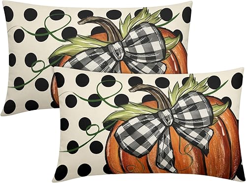 Miniatura 1 de Juego de 2 fundas de almohada lumbares de calabaza con lunares otoñales de 12 x 20 pulgadas, para decoración del hogar, sofá, porche, exteriores