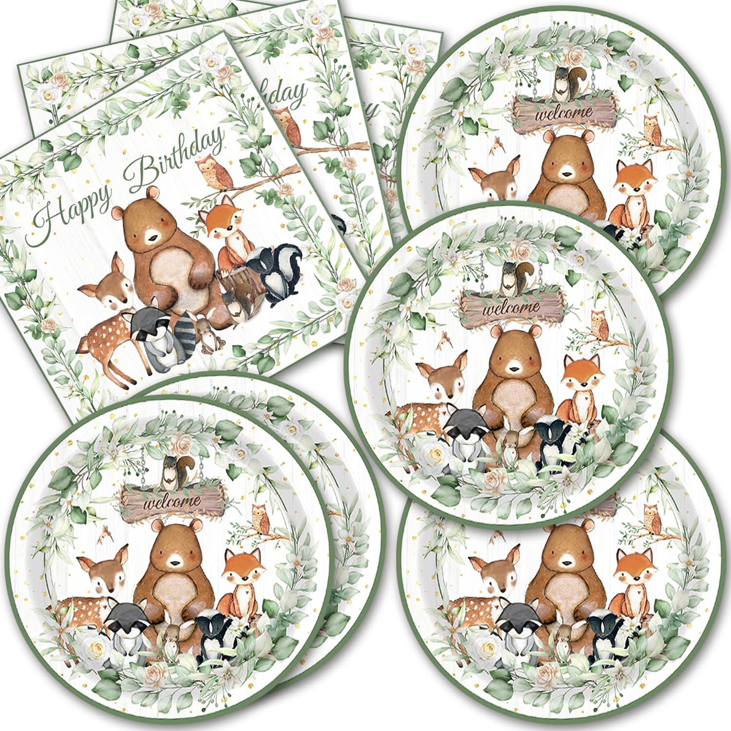 40pcs Animals Party Supplies,Woodland Party Decoration Supplies,Used for Animals Birthday Decoration,Include 20 dinner plates, 20 Napkin