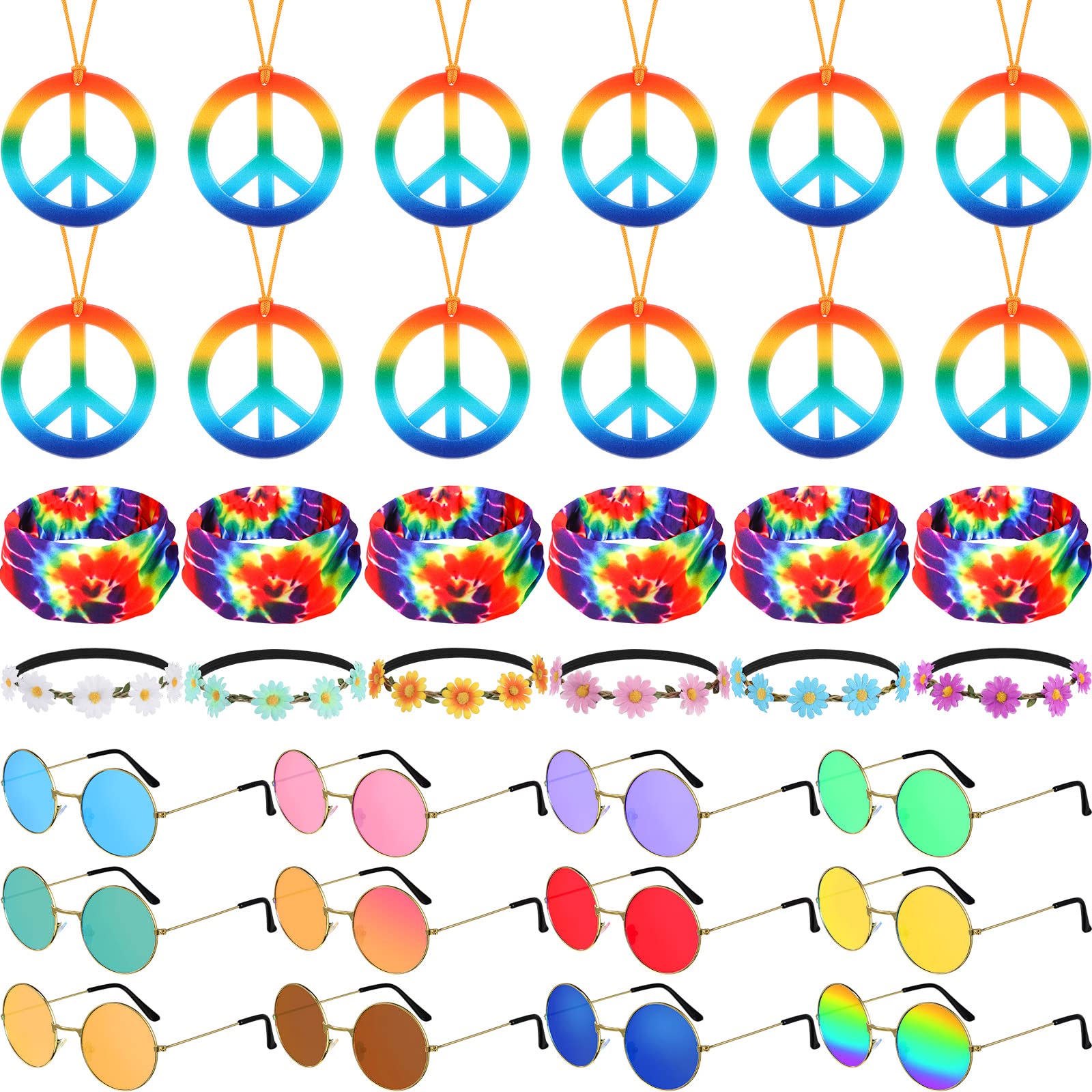 36 Pcs Hippie Costume Accessory Set 60s 70s Peace Necklaces Sunflower Headband for Women Retro Round Sunglasses Bandana Headband for Men Hippie Dressing Accessories for Carnival Party Supplies