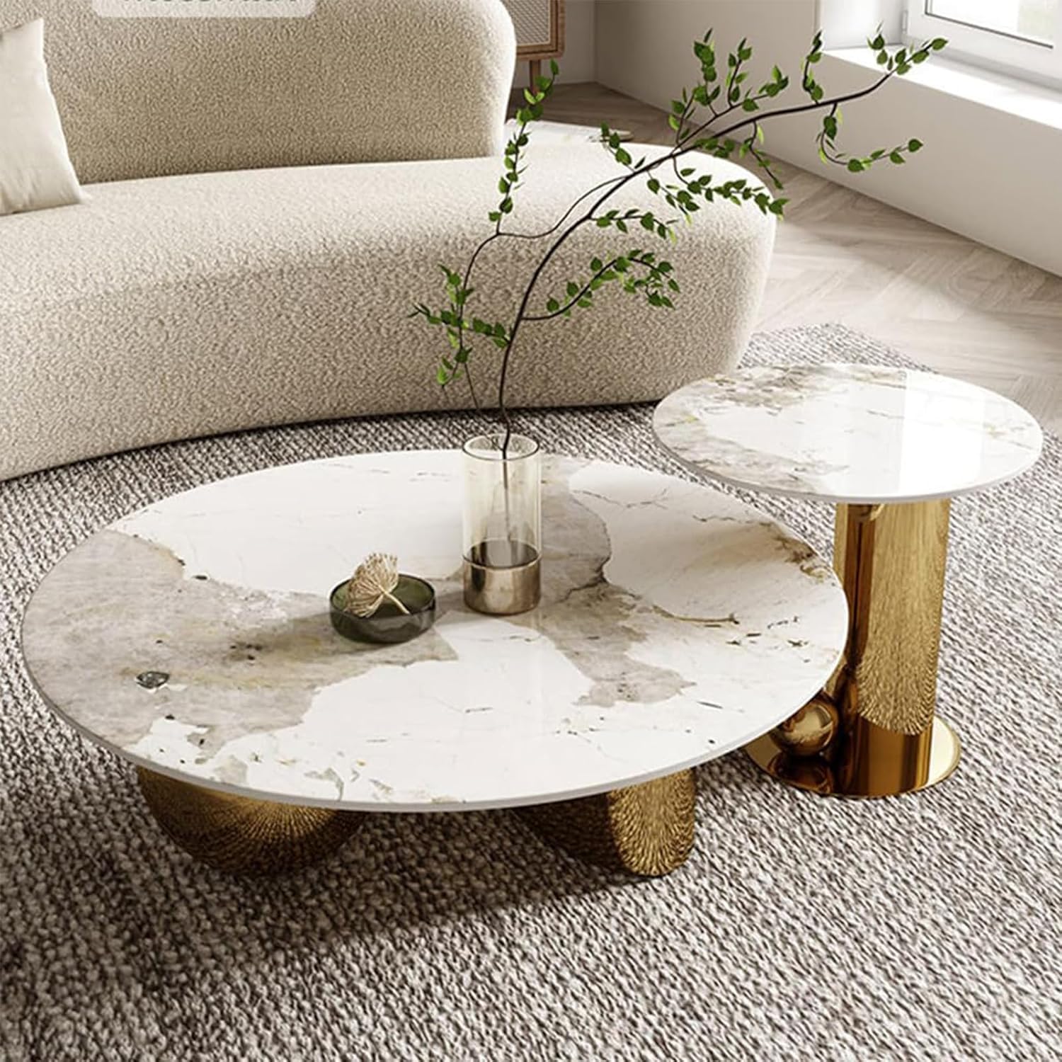 Marble Circle Coffee Table, Contemporary Nesting Abstract Coffee Table, Modern End Side, Set of 2 Stone Round Living Room Center Cocktail (Black, 35''Lx35''Wx14''H Set)