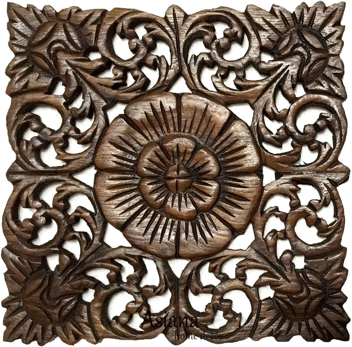 Set of 3 Carved Wood Wall Plaques. Floral Wood Wall Hanging. Rustic Wood Wall Decor. Brown. Size 12" Square : Home & Kitchen