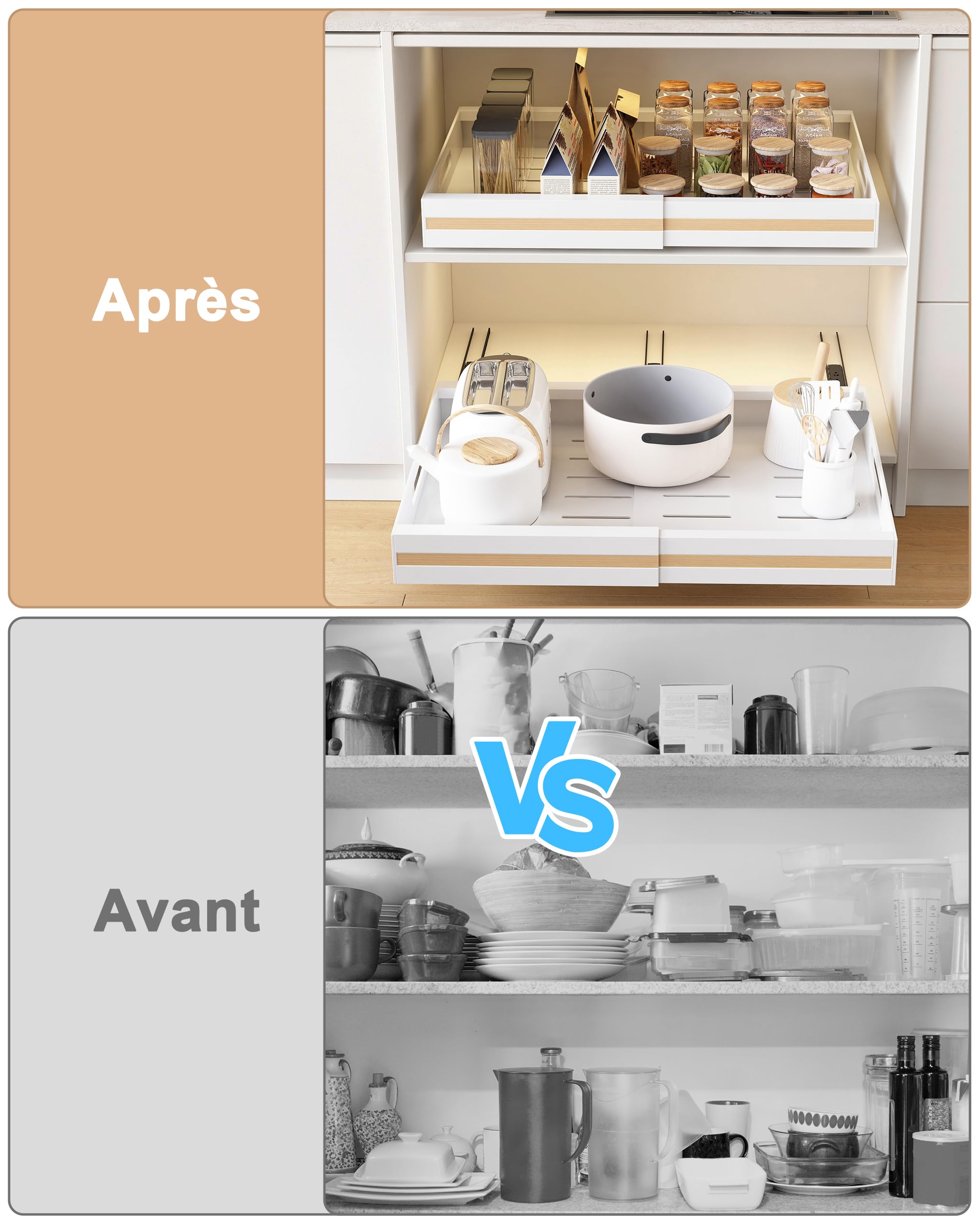 UMDONX Lot de 2 Tiroir Coulissant Cuisine Adhésif Rangement Placard Blanc - Tiroir Télescopique Extensible (largeur réglable de 30.5 à 51.5)