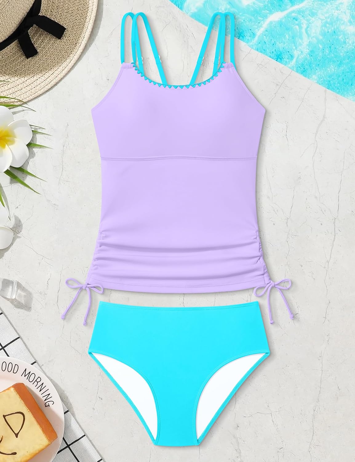 NAPU Girls Swimsuit 2 Piece Girls Tankini Swimsuit Back Cutout Drawstring Bathing Suit Printed Swimwear for 9-16Y
