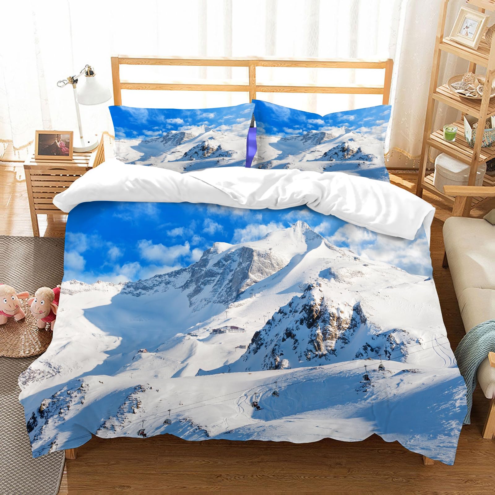 Ensemble literie microfibre montagne 178x208 cm avec housse couette ski et 2 taies