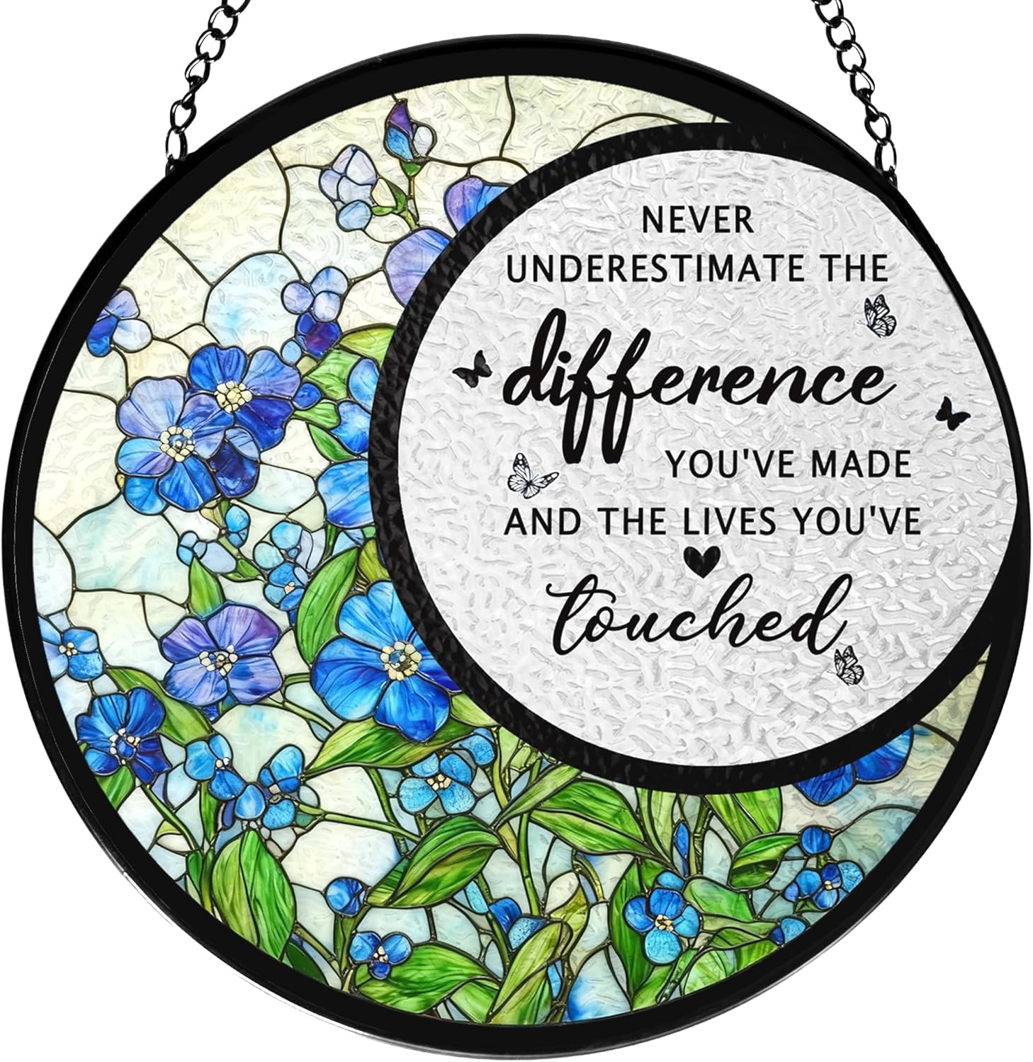 Difference Maker Gift Stained Glass Window Hanging, Thank You Appreciation Gifts, Blue Forget Me Not Flower Suncatchers Sun Catchers Indoor Window Glass Wall Art Decorations, 7.9x7.9in