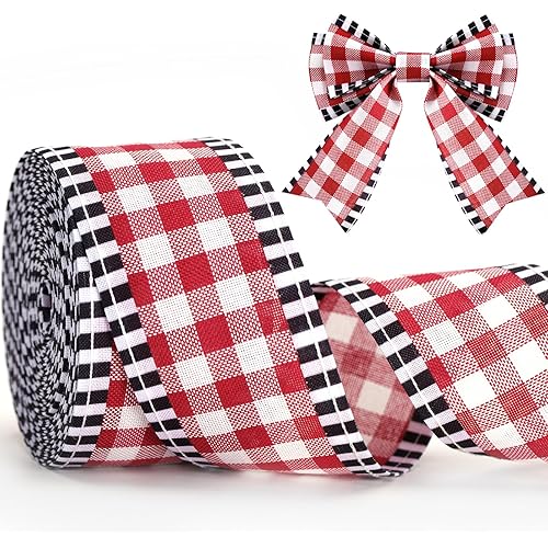 KINGLAKE Red White Black Wired Ribbon – 2.5 Inch x 11 Yards Red and White Gingham Burlap Ribbon with Black Edges for Crafts, Gift Wrapping, Wreaths and Christmas Decoration