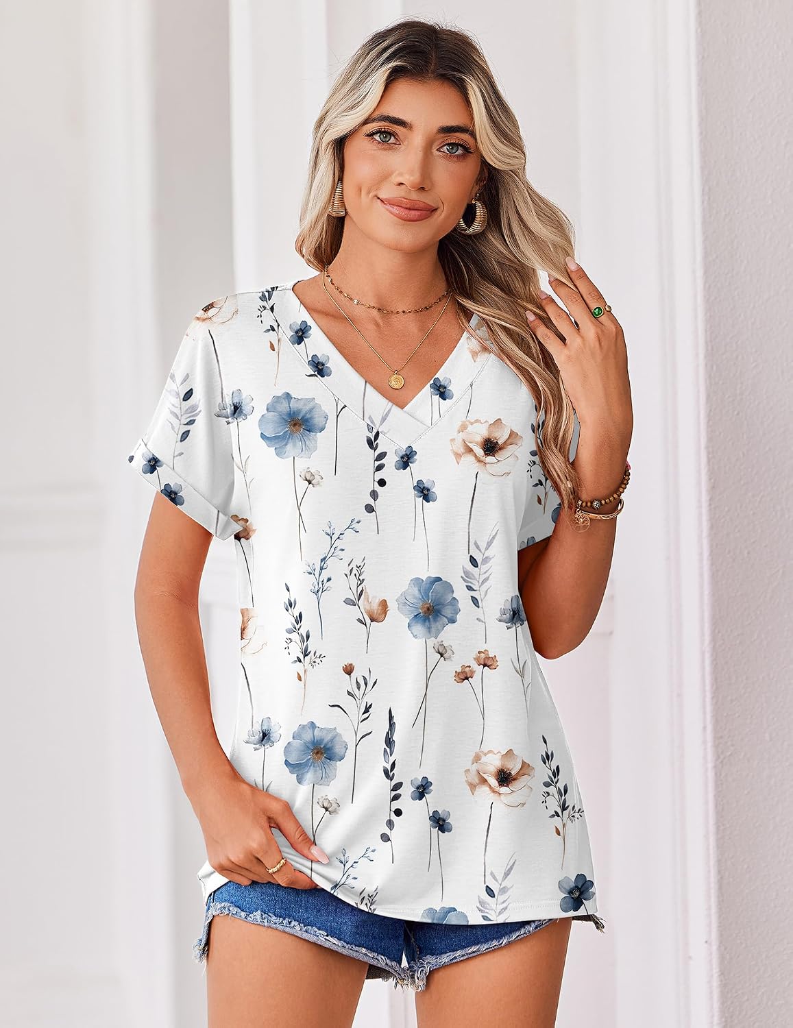 Zeagoo Womens Summer Tops Rolled Short Sleeve V Neck Shirts Casual Dressy Business Work Blouses Outfits thumbnail