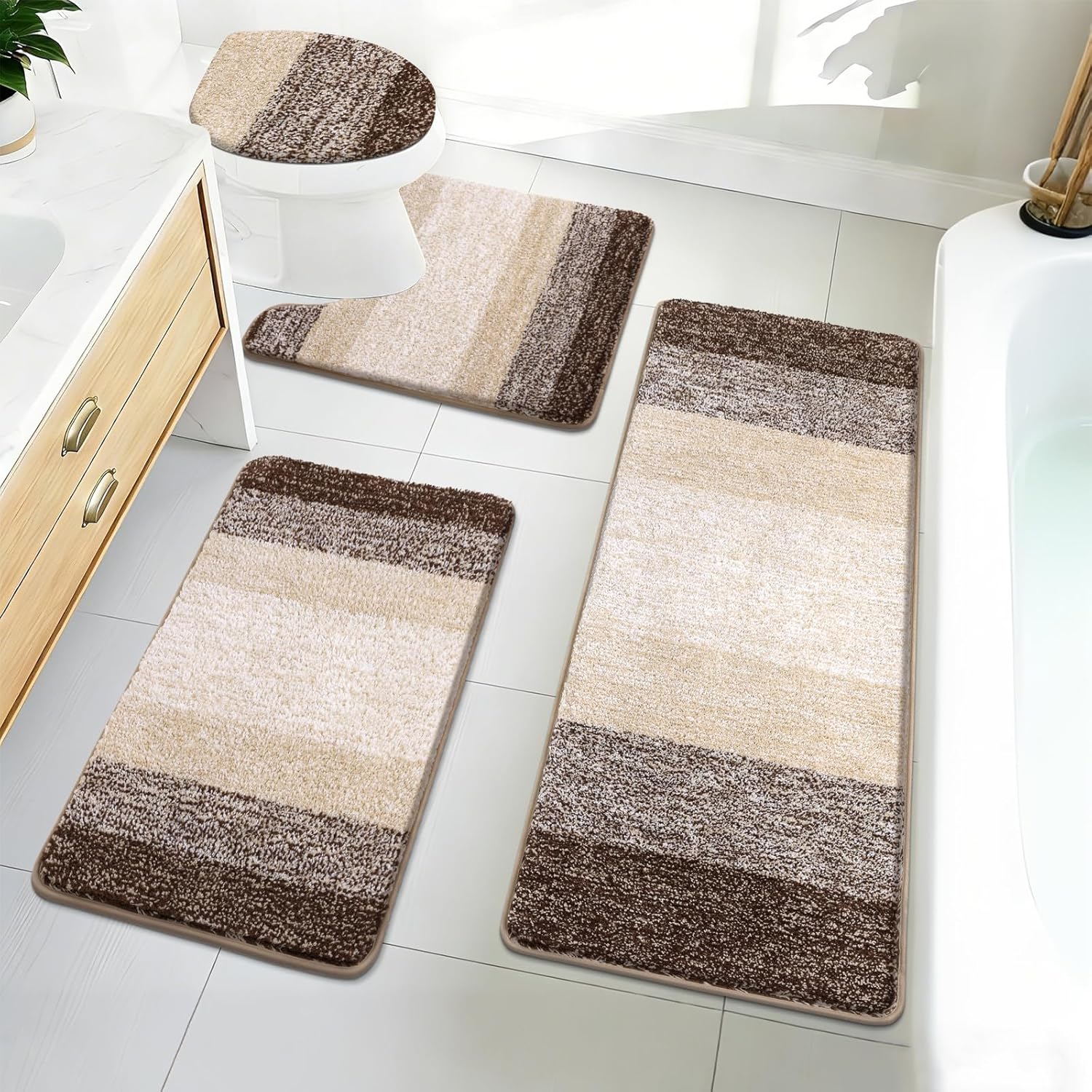 Bsmathom Bathroom Rugs Sets 4 Piece with Toilet Cover, Plush Shaggy Bath Rugs Set Non Slip Washable, Absorbent Microfiber Bath Mat with U-Shaped Contour Toilet Mat for Bathroom, Dark Coffe