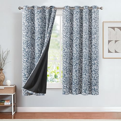 Miniatura 2 de Vangao Cortinas opacas azules de 63 pulgadas de largo para dormitorio, cortinas florales para sala de estar, con ojales, aislamiento térmico,