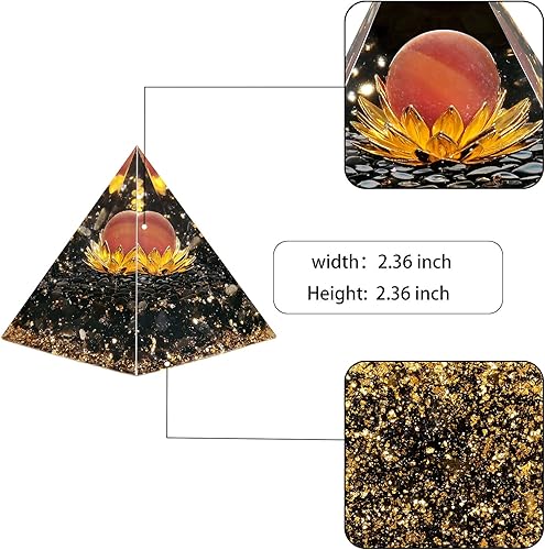Miniatura 3 de Rockcloud Esfera de piedra cristalina de pirámide de orgón en generador de energía base de loto para meditación de equilibrio de chakras, cornalina