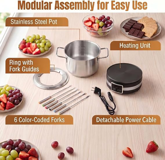TANGZON Electric Fondue Pot Set with 6 Colour Coded Forks, 1200W 2.1L Stainless Steel Fondue Maker with Adjustable Temperature & Splash Protector, Cheese Chocolate Meat Melting Pot