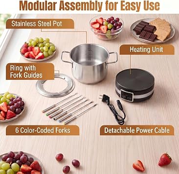 TANGZON Electric Fondue Pot Set with 6 Colour Coded Forks, 1200W 2.1L Stainless Steel Fondue Maker with Adjustable Temperature & Splash Protector, Cheese Chocolate Meat Melting Pot