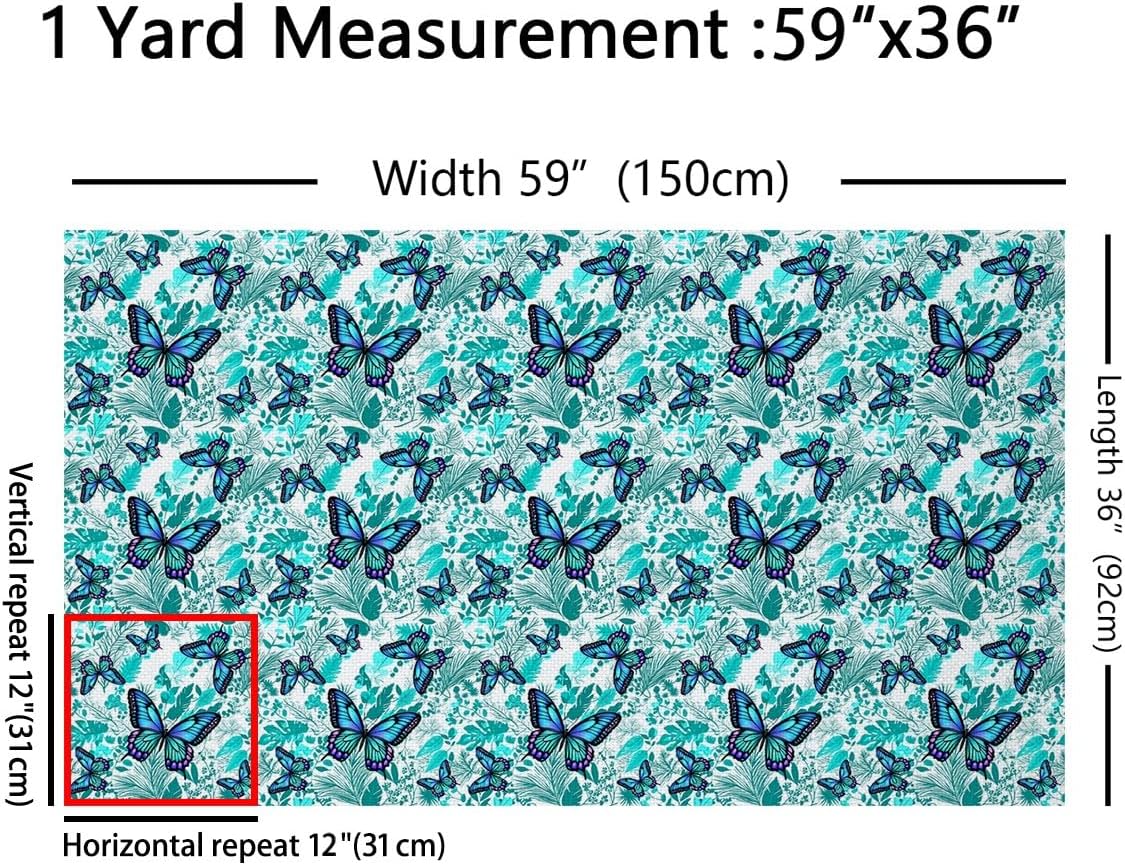 Dreamy Gradient Butterfly Fabric by The Yard Watercolor Teal Blue Botanical Leaves Fabric for Sewing Supplies Wild Outdoor Plant Rustic Style Fabric for Room Decor and DIY Upholstery 2 Yards,72"Lx59"W