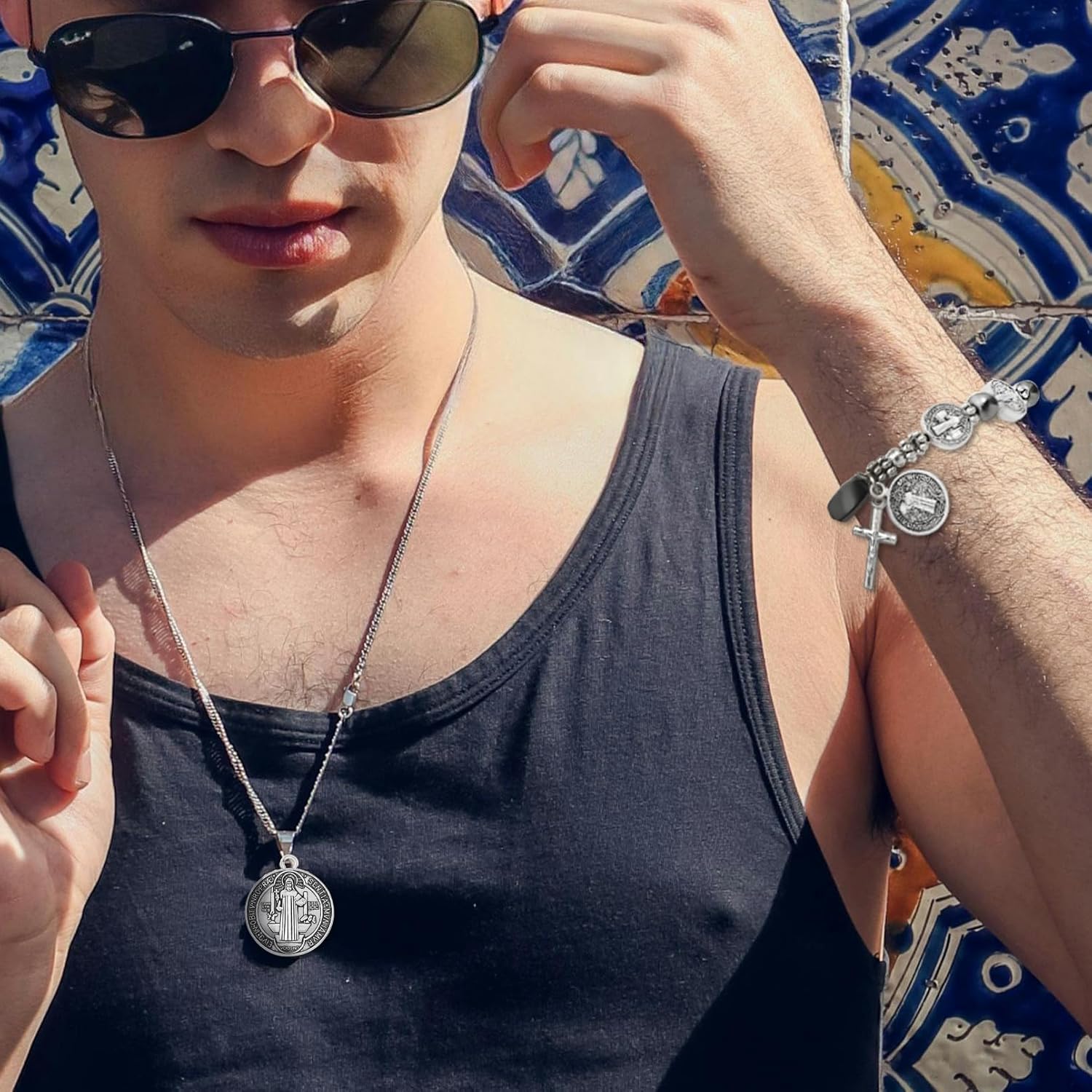 2 Pcs Silver Saint Benedict Medal Rosary Bracelet with 30 Pcs St Benedict Medals Bulk Set Hematite Catholic Amulet for Women Men, 8 Inch - Image 4