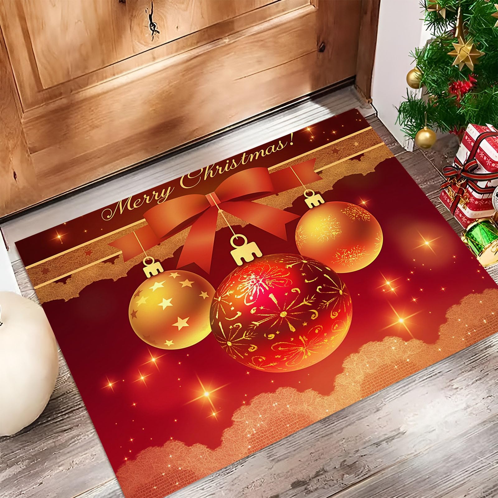 Tapis de porte Noël chic rouge et or pour sublimer l'entrée du salon et le couloir