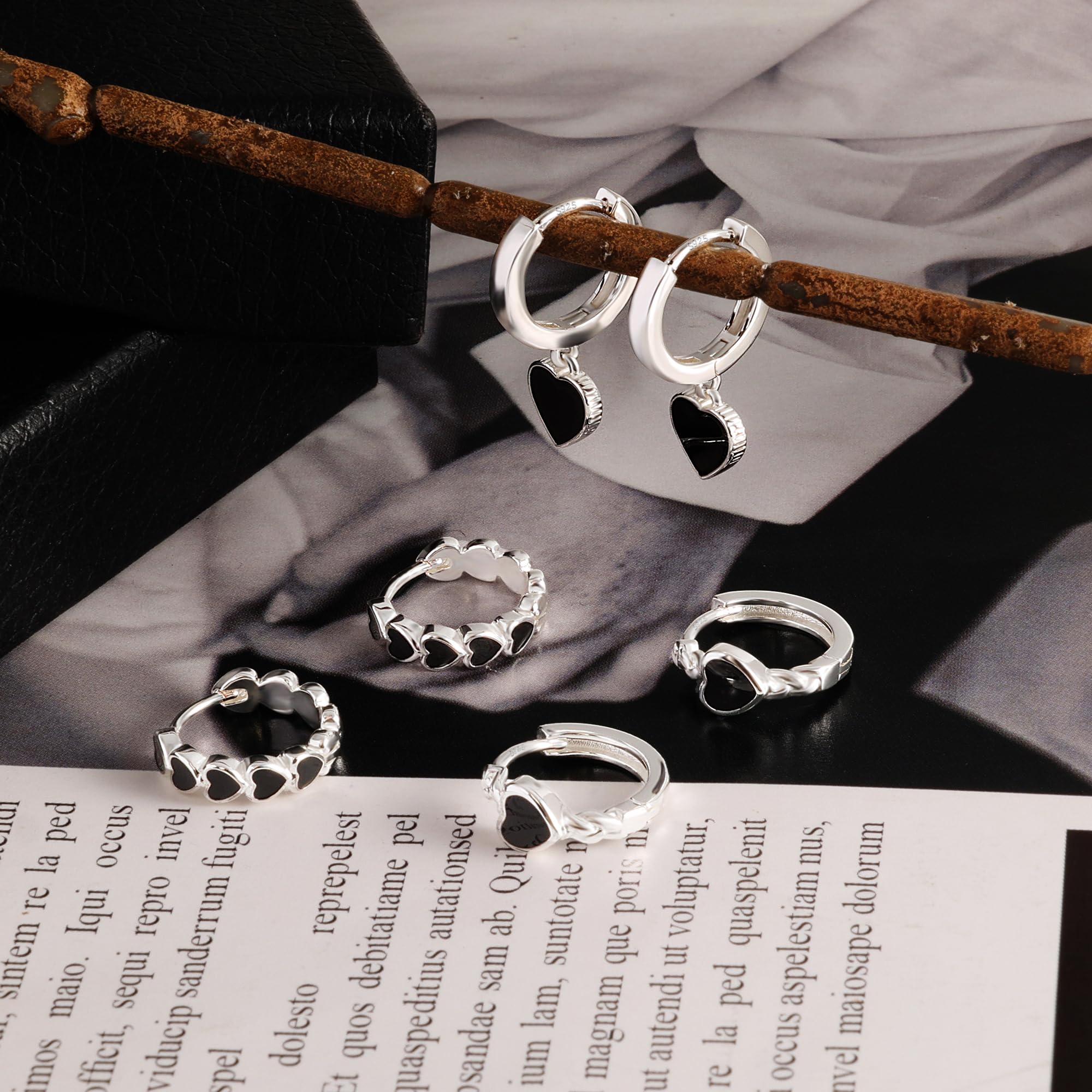 ALEXCRAFT Set Orecchini Donna Cuore Argento 925 Set Pendenti Cuore Piccoli Nero 14K Oro Placcato