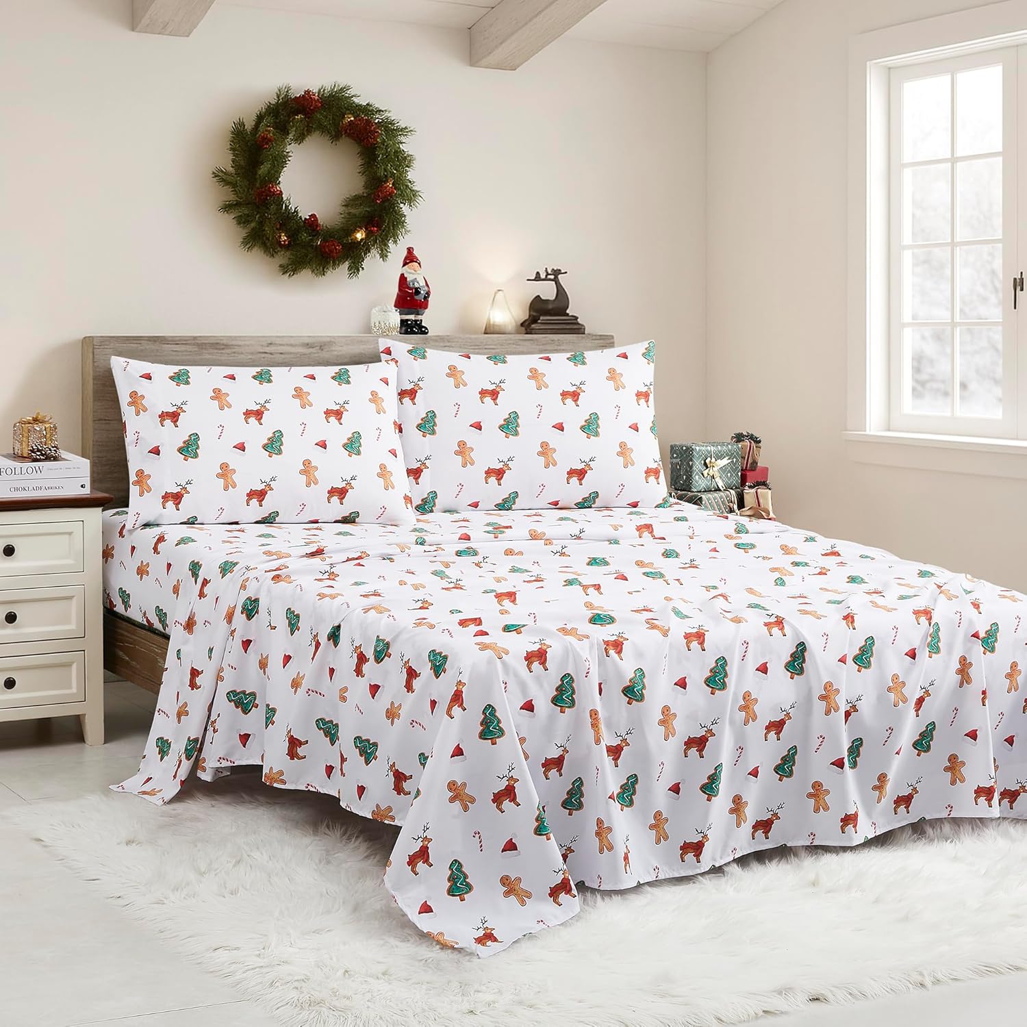 California King Christmas Sheets with Built‑in Sheet Straps – Cozy Christmas Bedding for Holiday Cheer & Winter Dreams – Soft, Snug Sleep for Seasonal Celebrations, Holiday Cookies