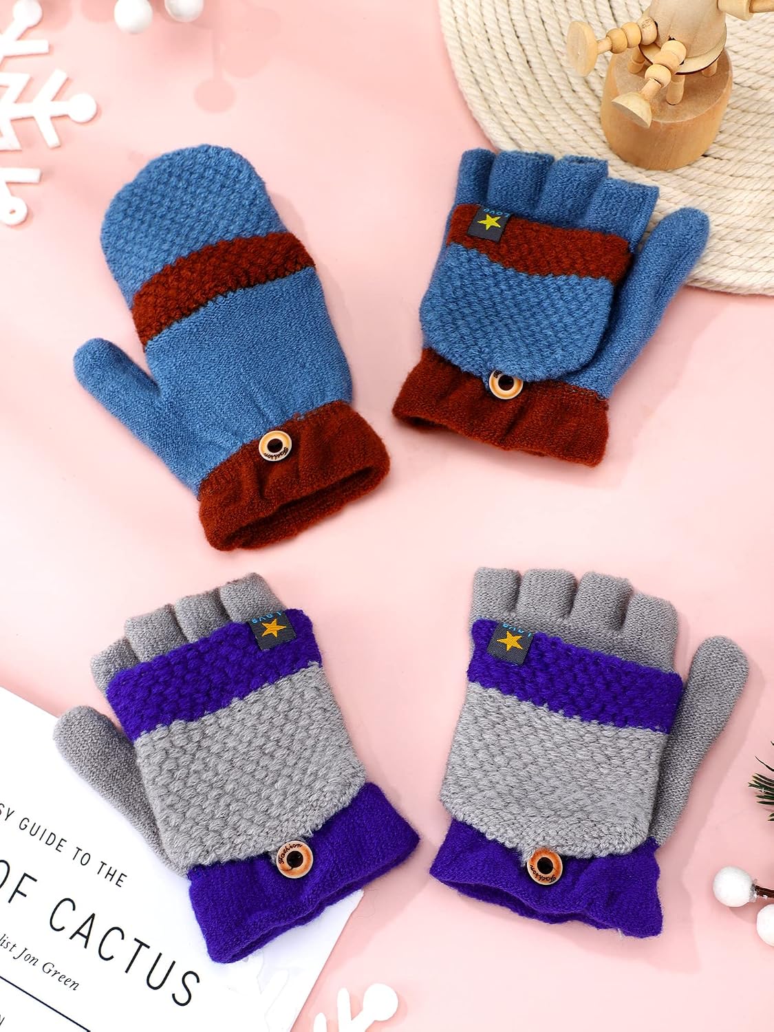 2 Pairs Kids Boys Fingerless Gloves Convertible Flip Top Gloves Winter Warm Knitted Half Finger Mitten for Kids Boys 5-12 Years (Blue, Light Grey)