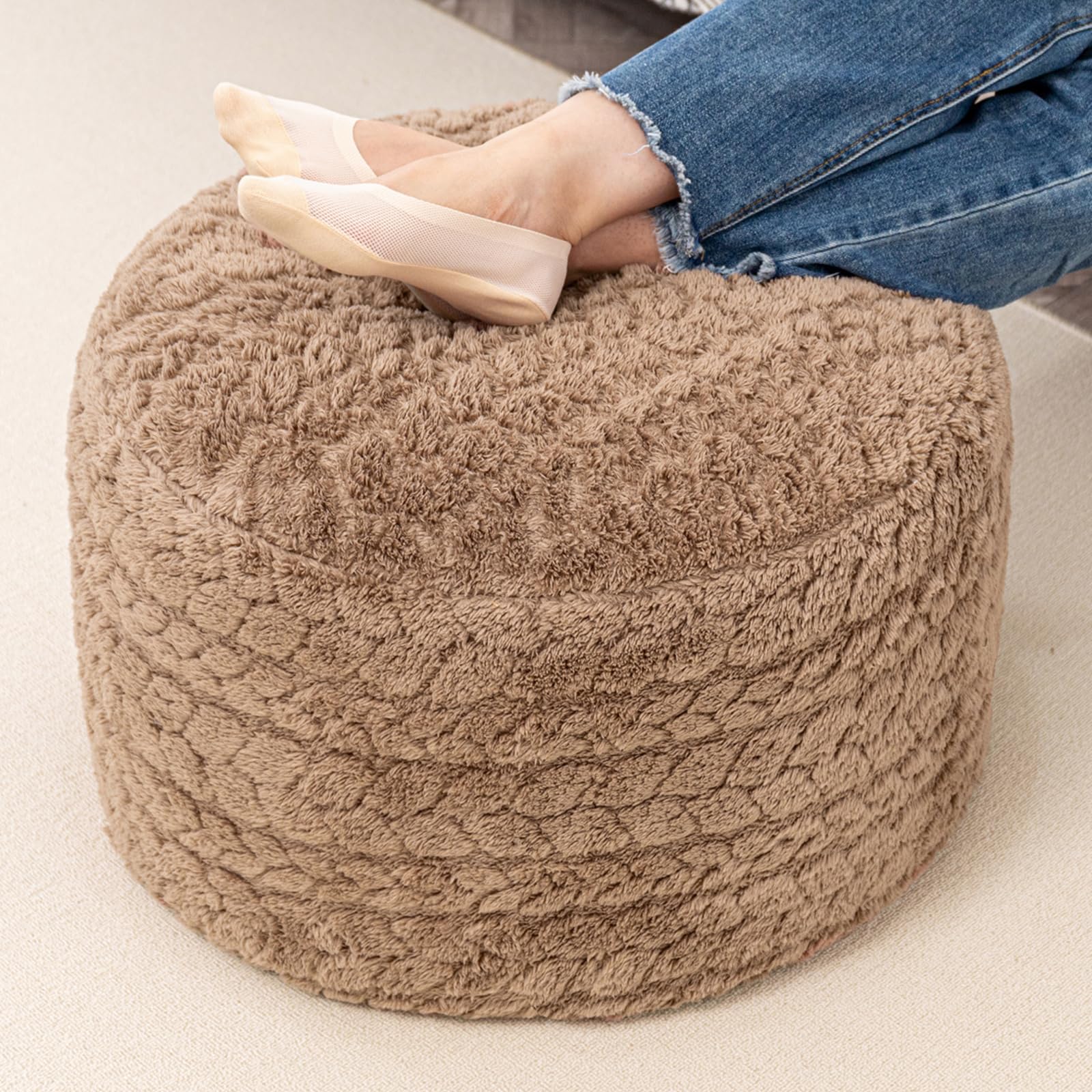 Round Pouf Ottoman 20 x 20 x 14 Inches Boho Poof Home Decor Floor Pouffe Ottoman Foot Rest for Couch Sofa Bean Bag Chairs Living Room Bedroom Light Coffee