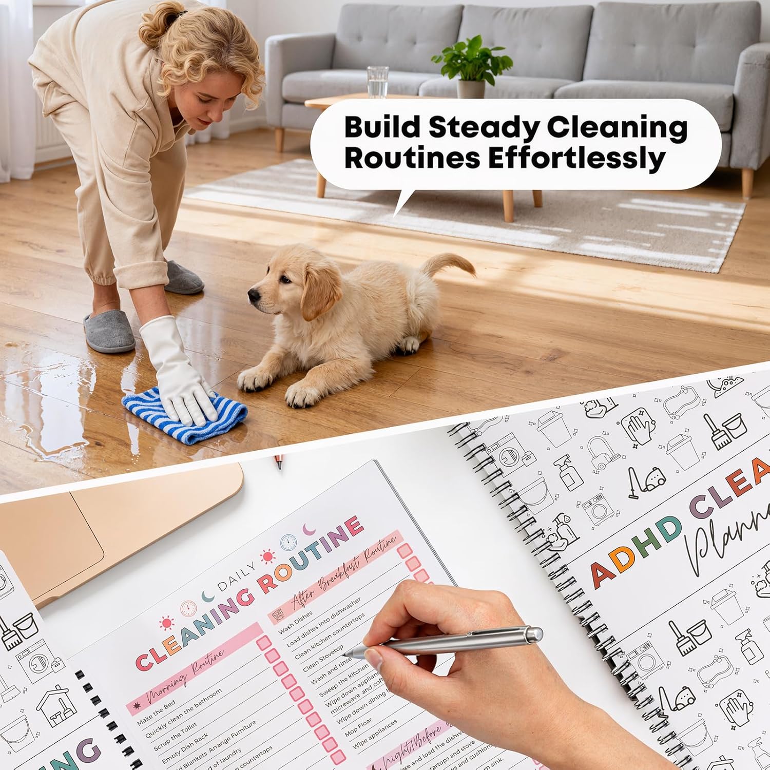 ADHD Cleaning Planner Colorful Frosted Cover - Daily Weekly Cleaning Schedule Notebook for ADHD Adults Kids, Tear-Resistant Bleed-Proof - Image 2