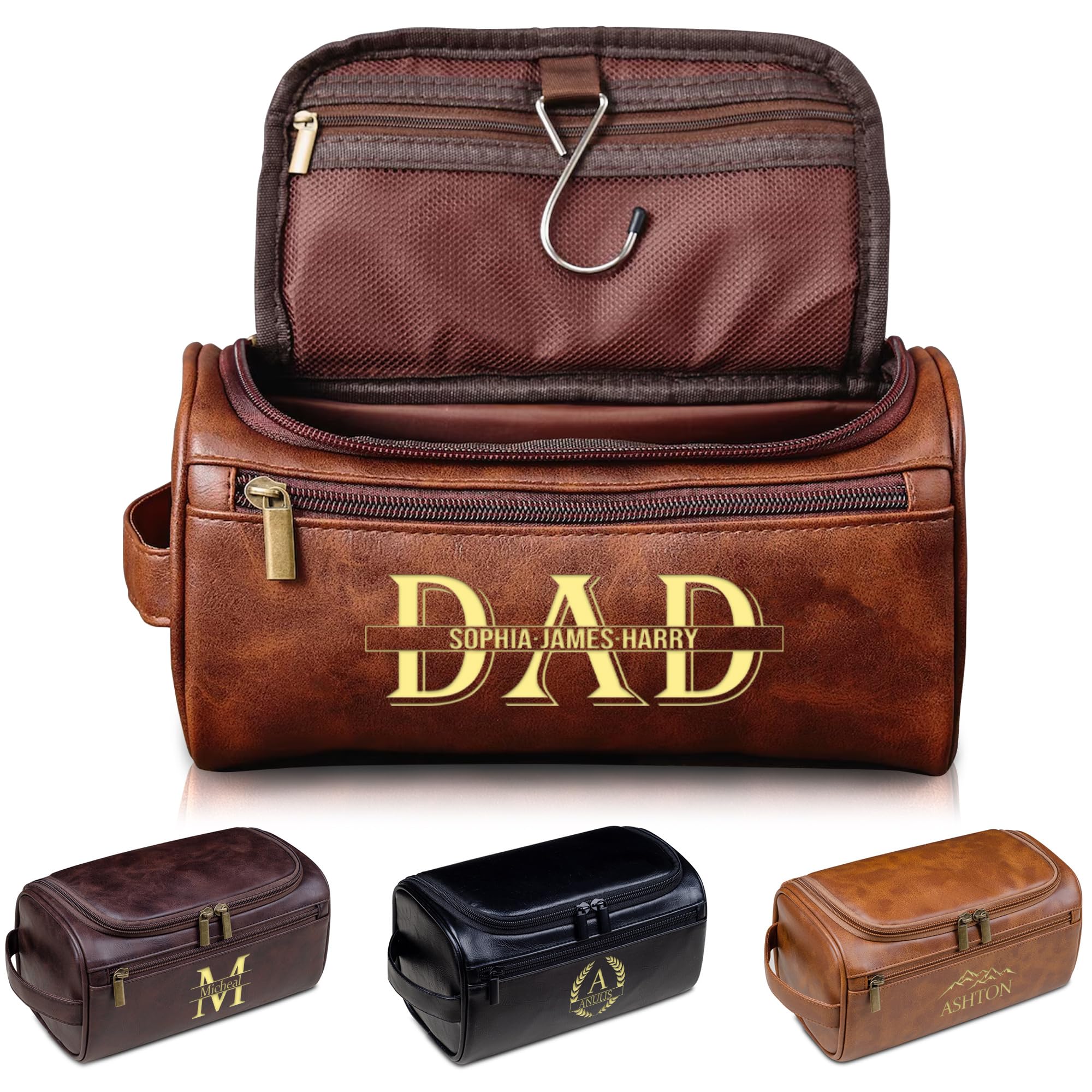 Polinxia Personalized Toiletry Bag for Men, Gifts for Men Fathers Day Dad Gifts, Custom Engraved Leather Kit Gift for Dad, Husband, Grandpa,