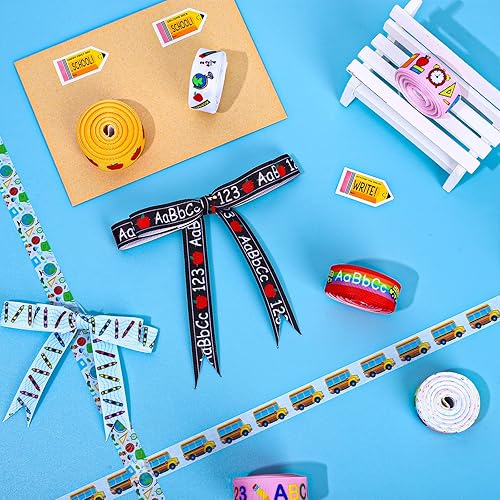 Miniatura 5 de Whaline 12 rollos de cinta de grogrén para el regreso a la escuela, 60 yardas, con temática de profesor escolar, borde con alambre, lápiz de autobús