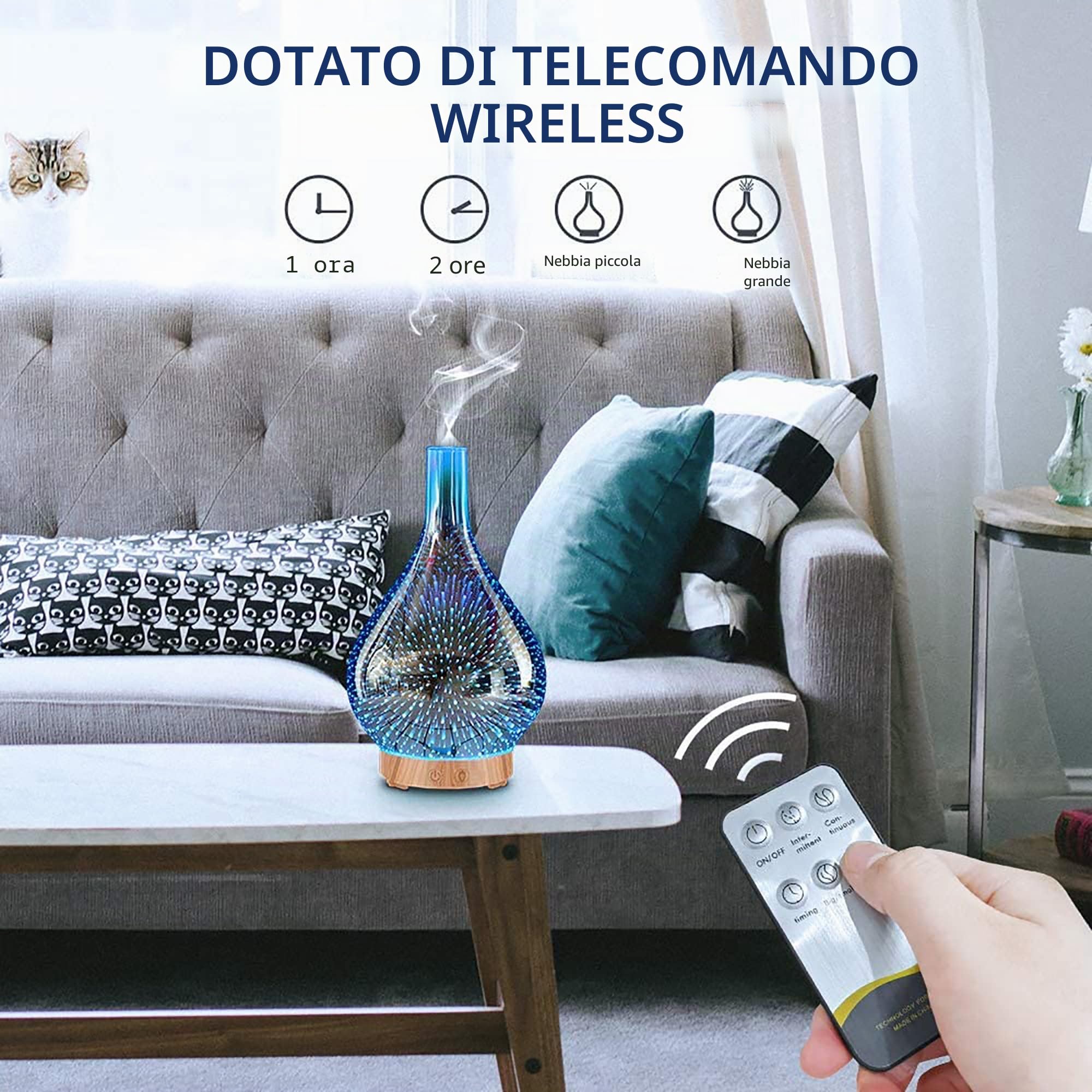 Diffusore di oli essenziali, 200 ml, diffusore in vetro 3D per aromaterapia, con telecomando, modalità nebulizzazione regolabile, luci notturne a LED e timer di spegnimento automatico