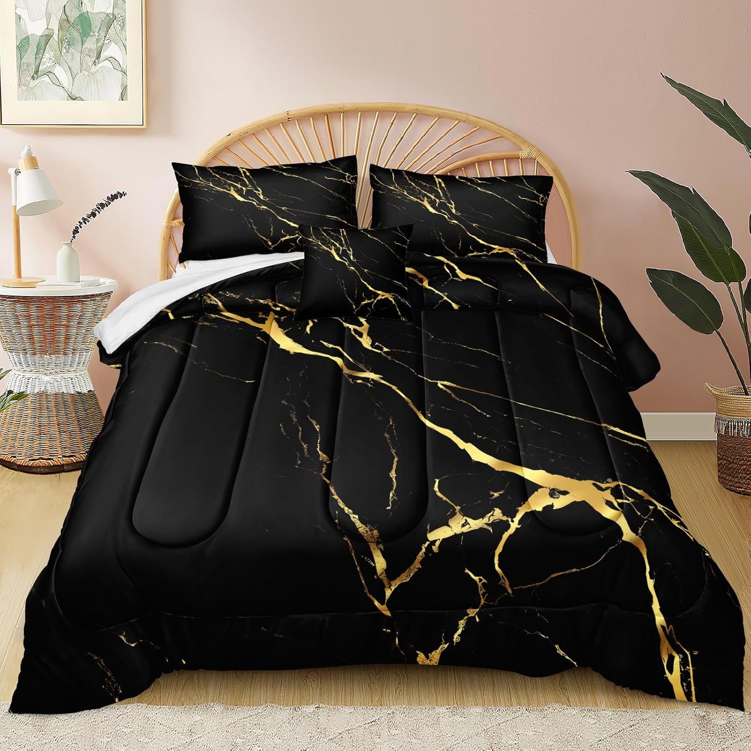 Merryword Black Marble Comforter Set King Size Gold