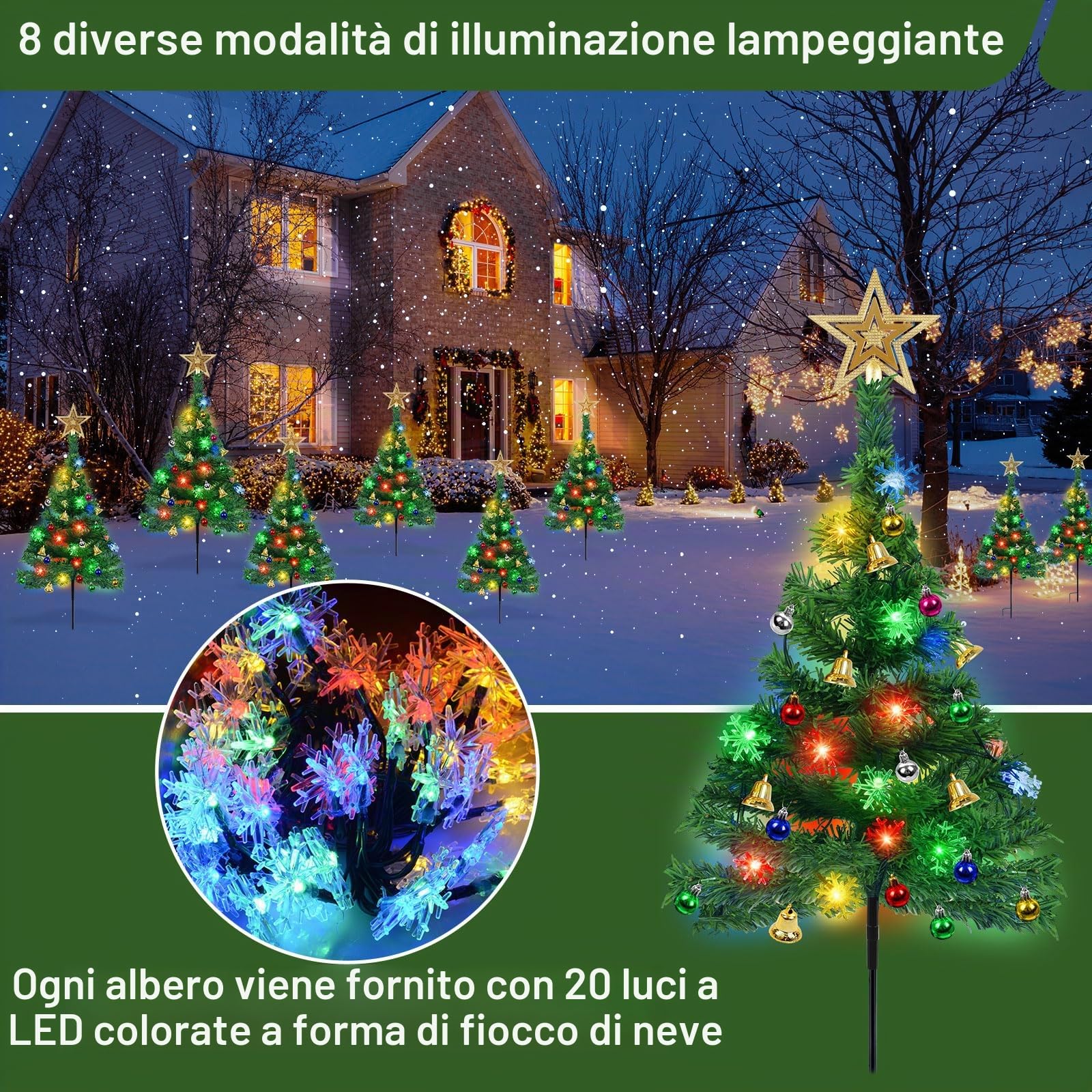 Albero di Natale con Luce Solare, 4 Pezzi Luci Solari Albero con 80 LED Fiocco di Neve Catena Luminosa, Stella di Natale per Albero, Lampade Solari Natalizie Decorazioni per Giardino Esterno Patio
