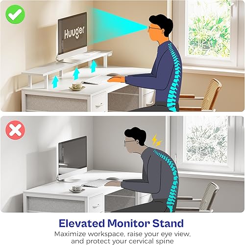 Miniatura 7 de Huuger Escritorio para computadora de 55 pulgadas con 4 cajones, escritorio para juegos con luces LED y tomas de corriente, escritorio de oficina en