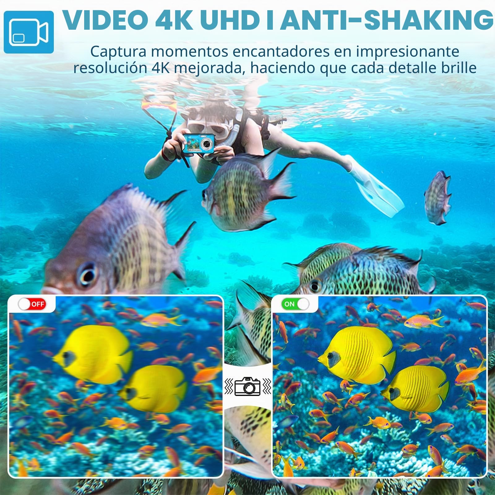 Cámara Acuática 64MP con Tarjeta de Memoria 64GB, Sumergible 4K con Autoenfoque y Doble Pantalla para Selfies, Sumergible hasta 5 Metros para Niños y Snorkel (2 Baterías)