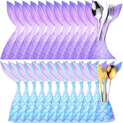 Yaomiao Paquete de 24 soportes para cubiertos de sirena, con forma de cola de sirena, funda para utensilios, cubiertos, cuchillos, tenedores, para