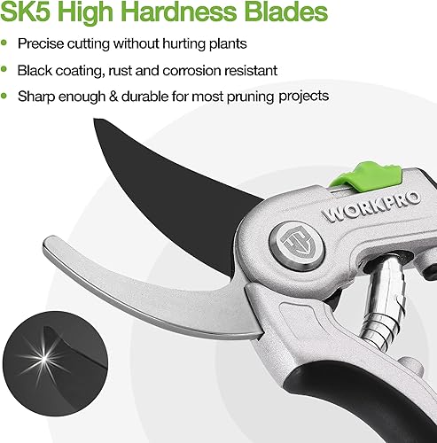 Miniatura 2 de WORKPRO Tijeras de podar Bypass, podadoras manuales de 8 pulgadas con mango de aluminio, acero inoxidable y cuchillas afiladas SK5, cortadoras
